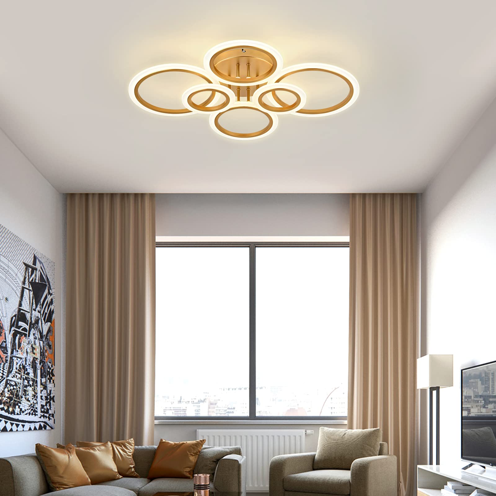 Teminbu Modern Led Ceiling Light, Gold 6 Rings Flush Mount Ceiling Light, 4000K Lighting Fixture Ceiling Lamp For Kitchen, Bedroom, Living Room, Laundry Room
