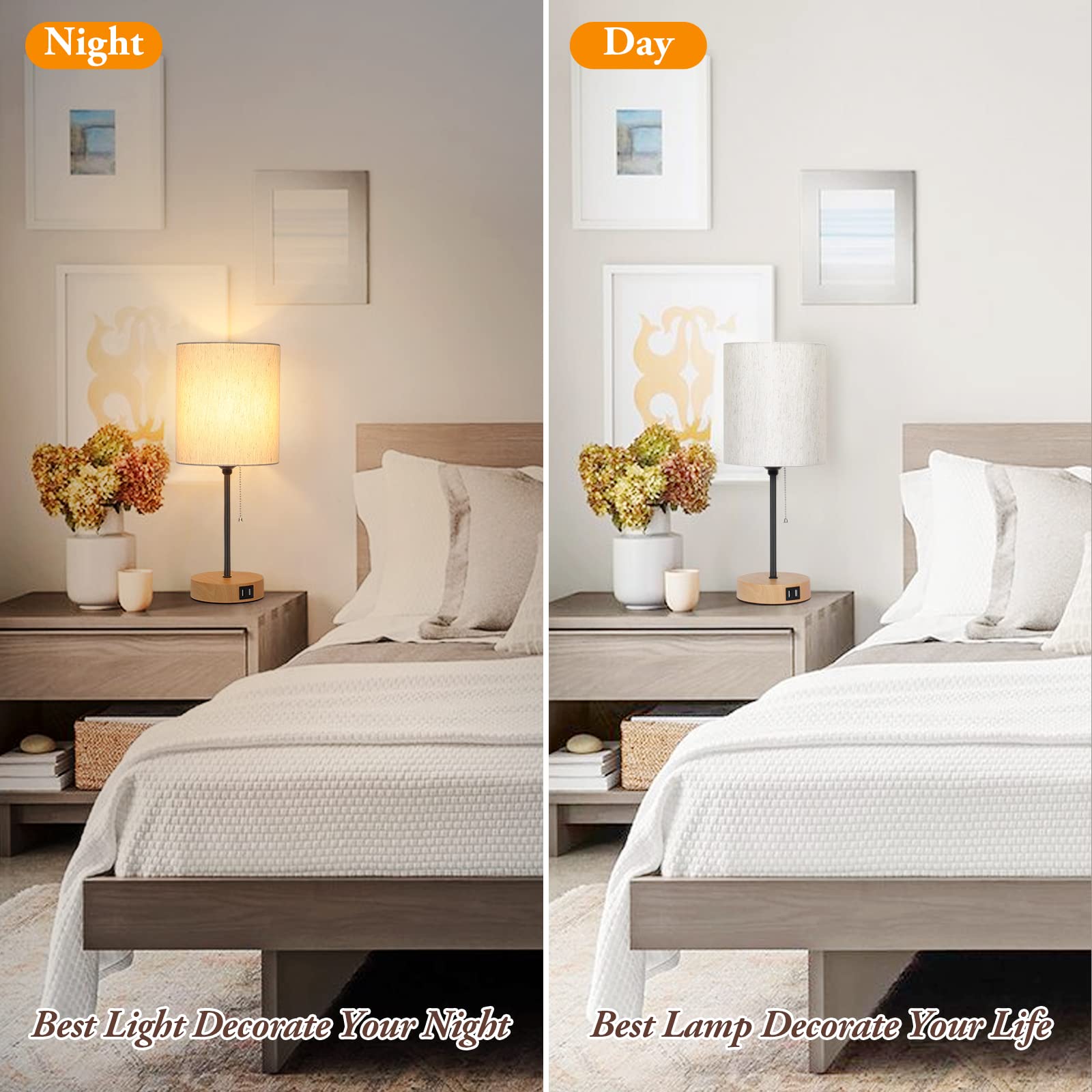 Table Lamps Set Of 2 With Usb Charging Ports, Bedside Lamps With Ac Outlet, Nightstand Lamps With Pull Chain Switch, Minimalist