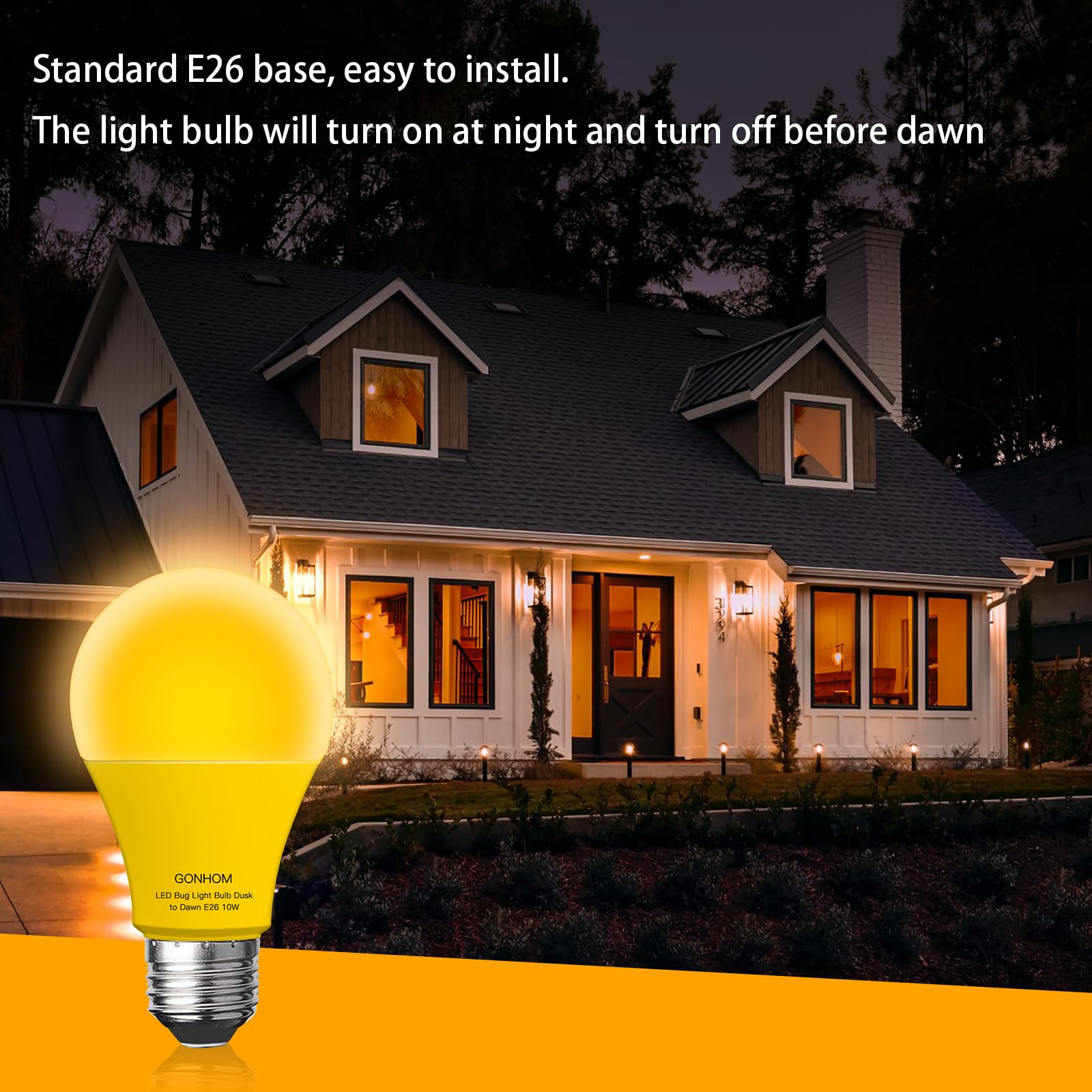 Gonhom Dusk To Dawn Bug Light Bulb Outdoor,8 Pack Amber Bug Light Bulb,Auto On/Off,10W(100W Equivalent),E26 Base,Bug Lights For