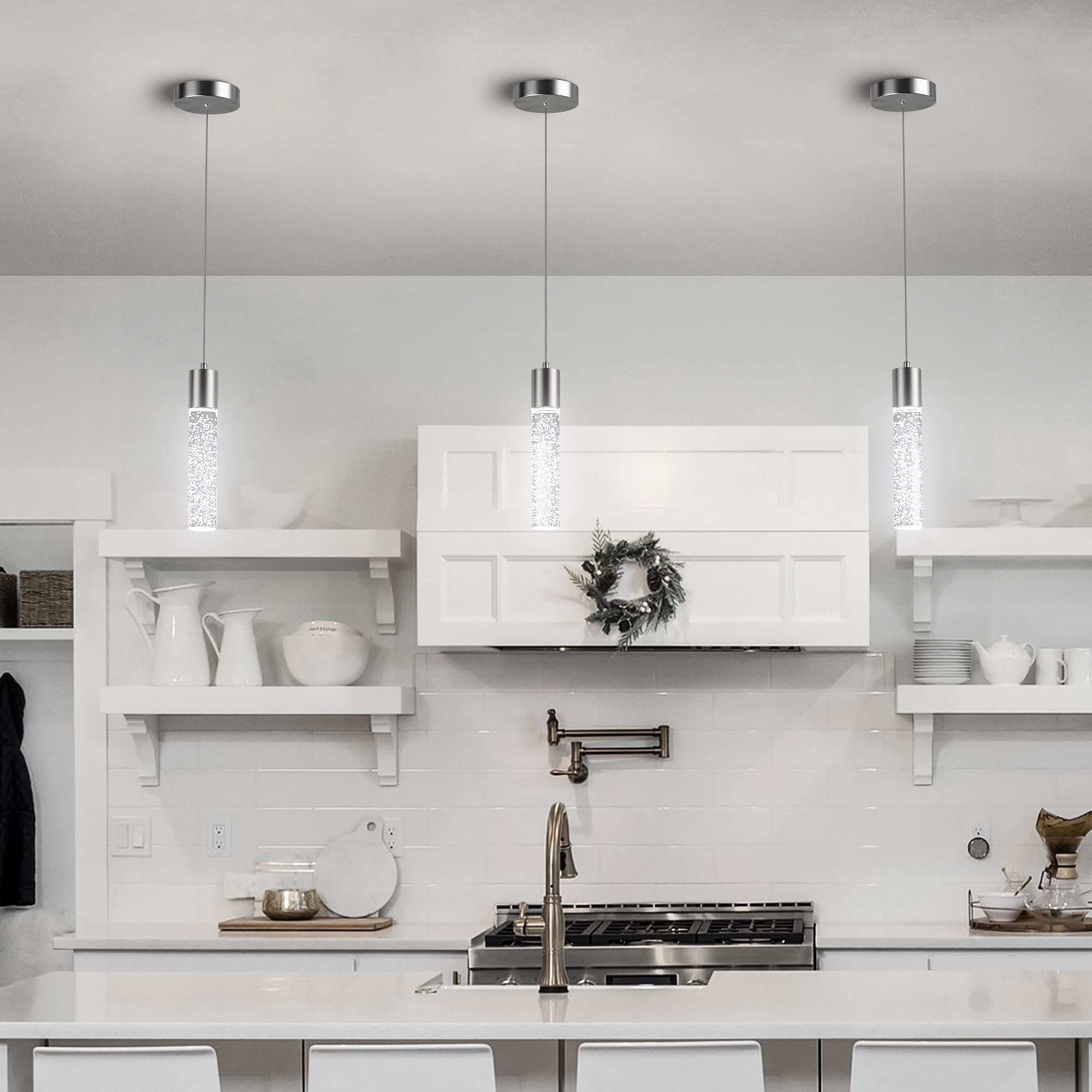 Esfos Pendant Lights 3 Pack, 6500K LED Crystal Bubble, Brushed Nickel, Model L11-3-WT-LS for Kitchen Island & Dining Room