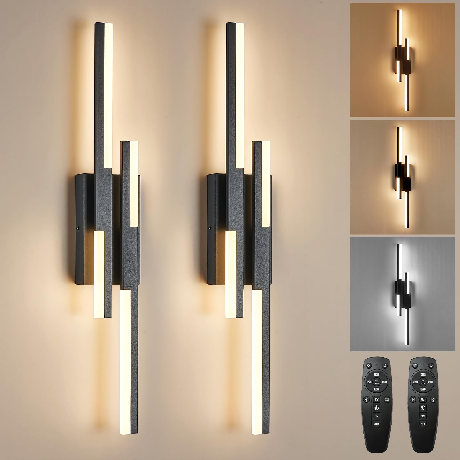 Benkut Modern LED Vanity Lights Set of 2, Dimmable Iron Wall Sconce, 27.6 Inch, Black, with Remote Control
