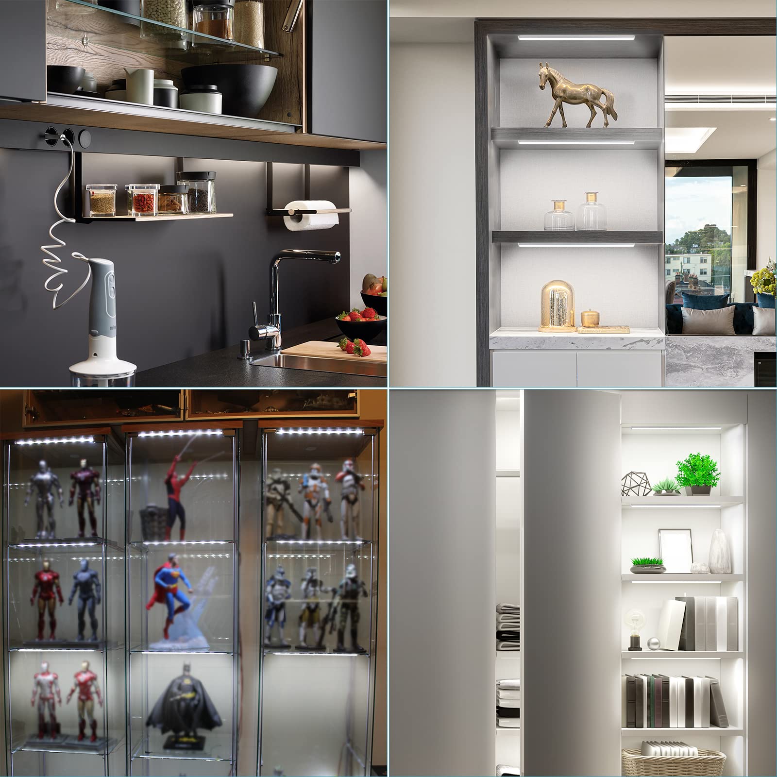 JUSJUBR LED Display Cabinet Lights, 4x12 Inch, Dimmable, Cold White 6000K, Ultra-Thin Black Aluminum, Model JUSJUBR-4