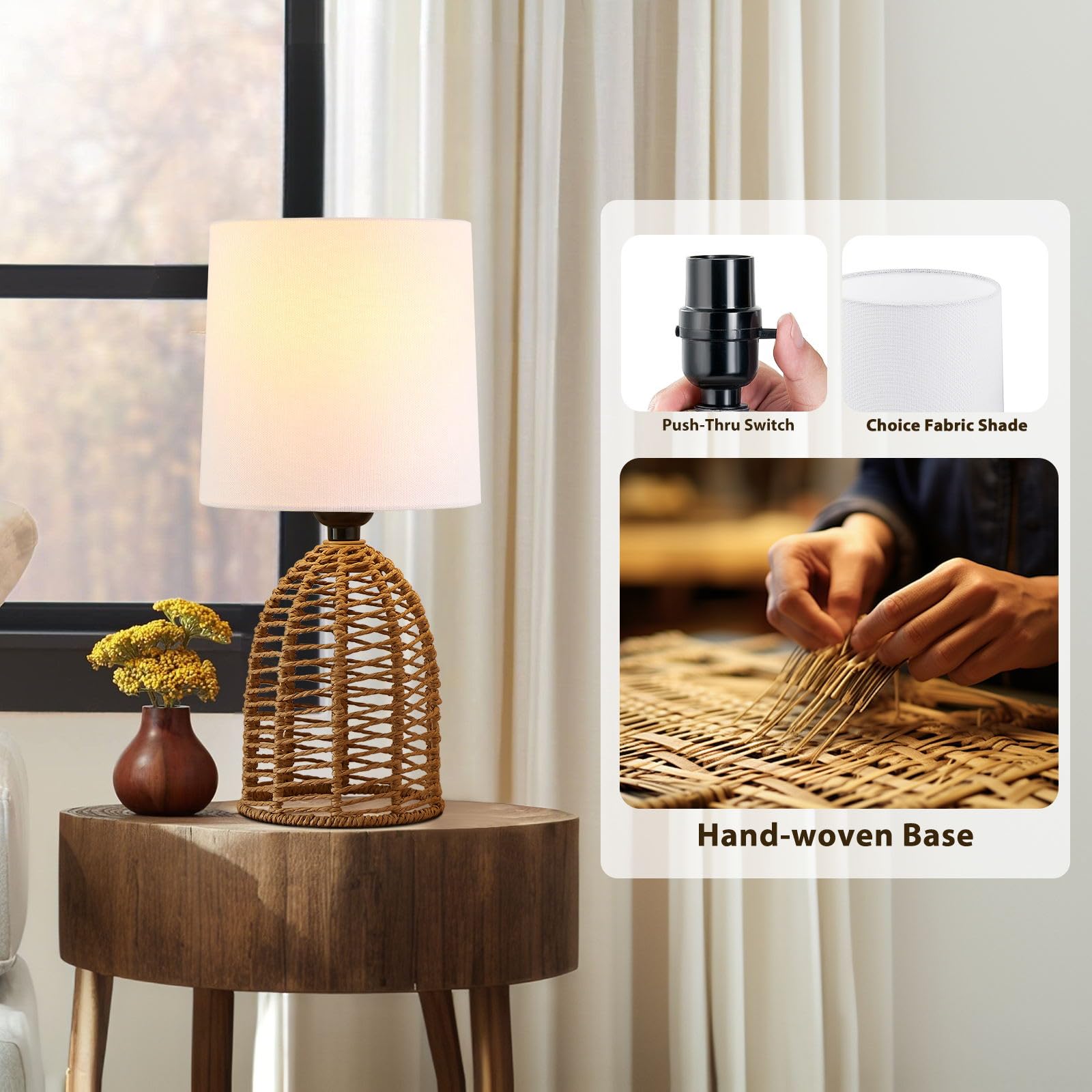 Ejiaxin Rattan Lamp Boho Lamps Set Of 2-13.75'' Mini Farmhouse Table Lamp Rustic End Table Decorative Small Lamps For Small Spac