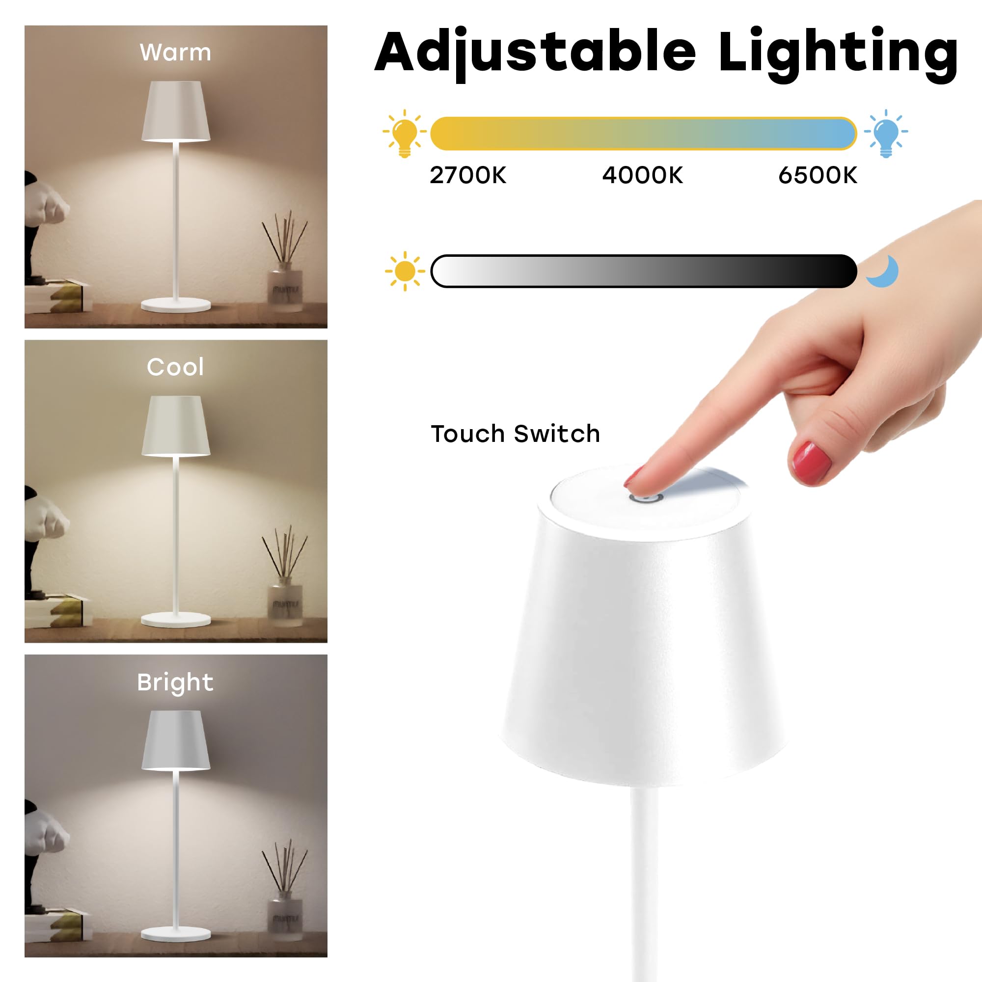 CASABOLA Cordless Table Lamp, LED, 5200mAh Battery, 3 Color Dimming, 4.5inD x 4.2inW x 15inH, White,