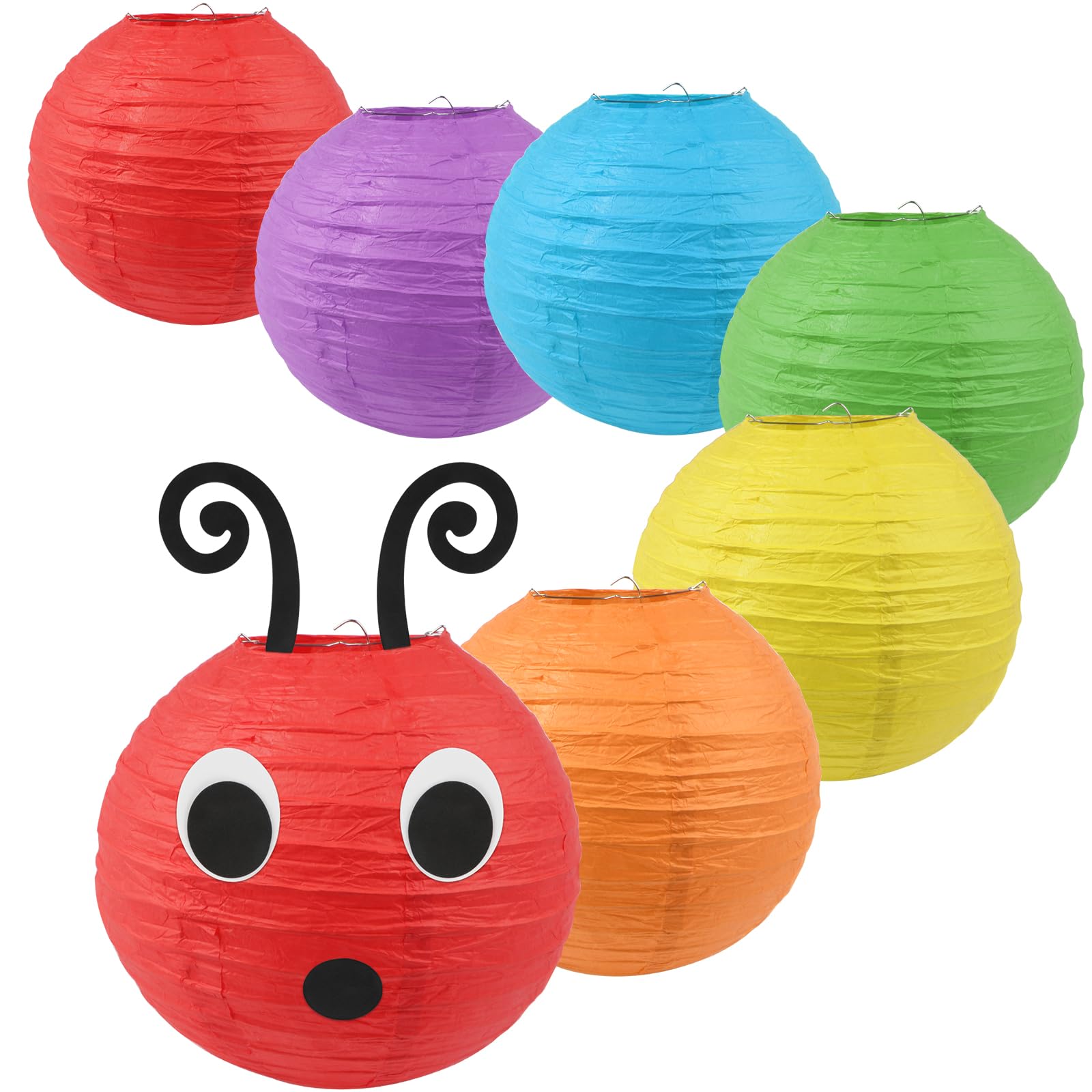 7Pcs Caterpillar Paper Lanterns 10In Red Green Paper Lanterns With Eyes Mouth For School Classroom Decoration Birthday Party Dec