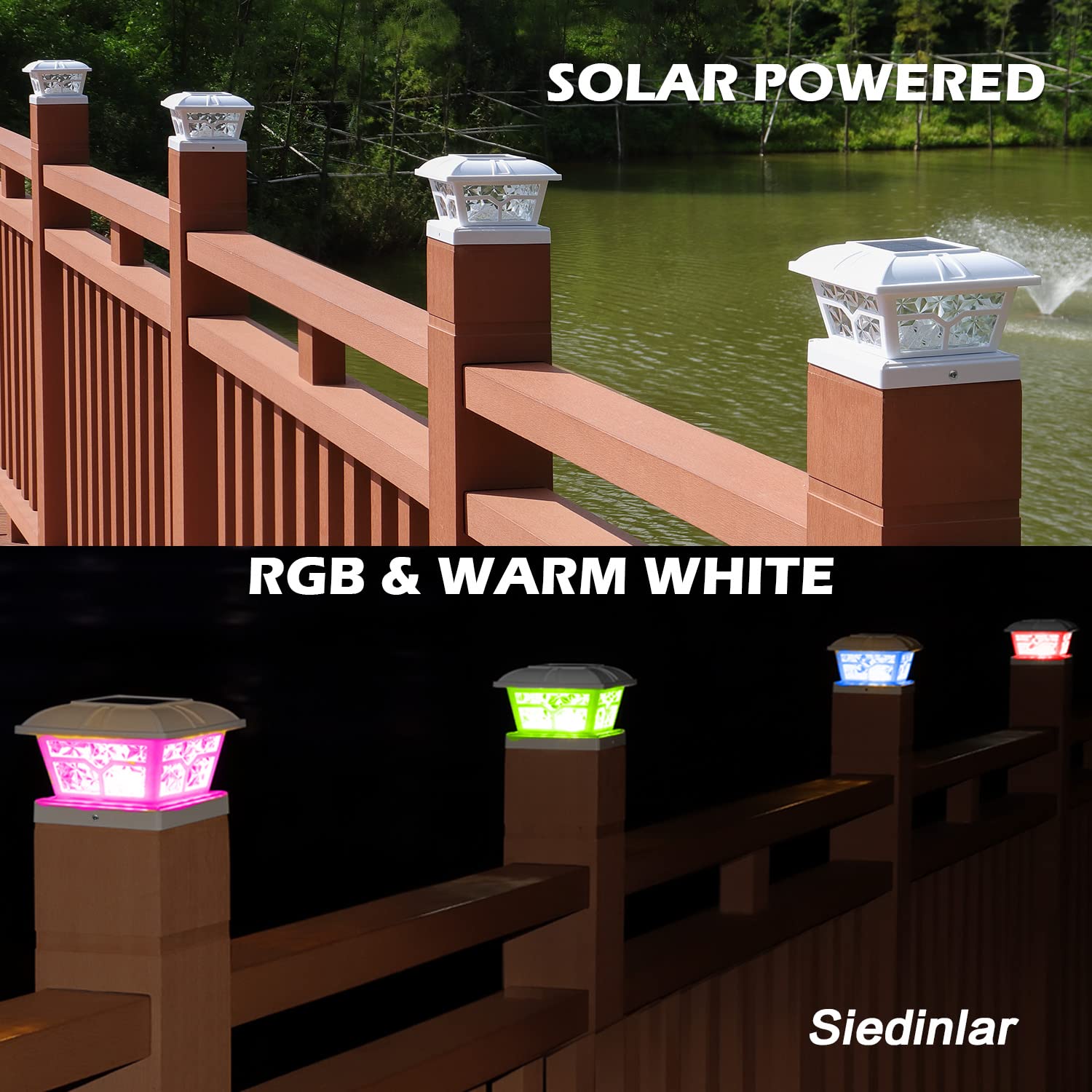 SIEDiNLAR Solar Post Cap Lights, 6 Pack, RGB & Warm White Color Changing LED for 4x4, 5x5, 6x6 Posts, Outdoor Fence &