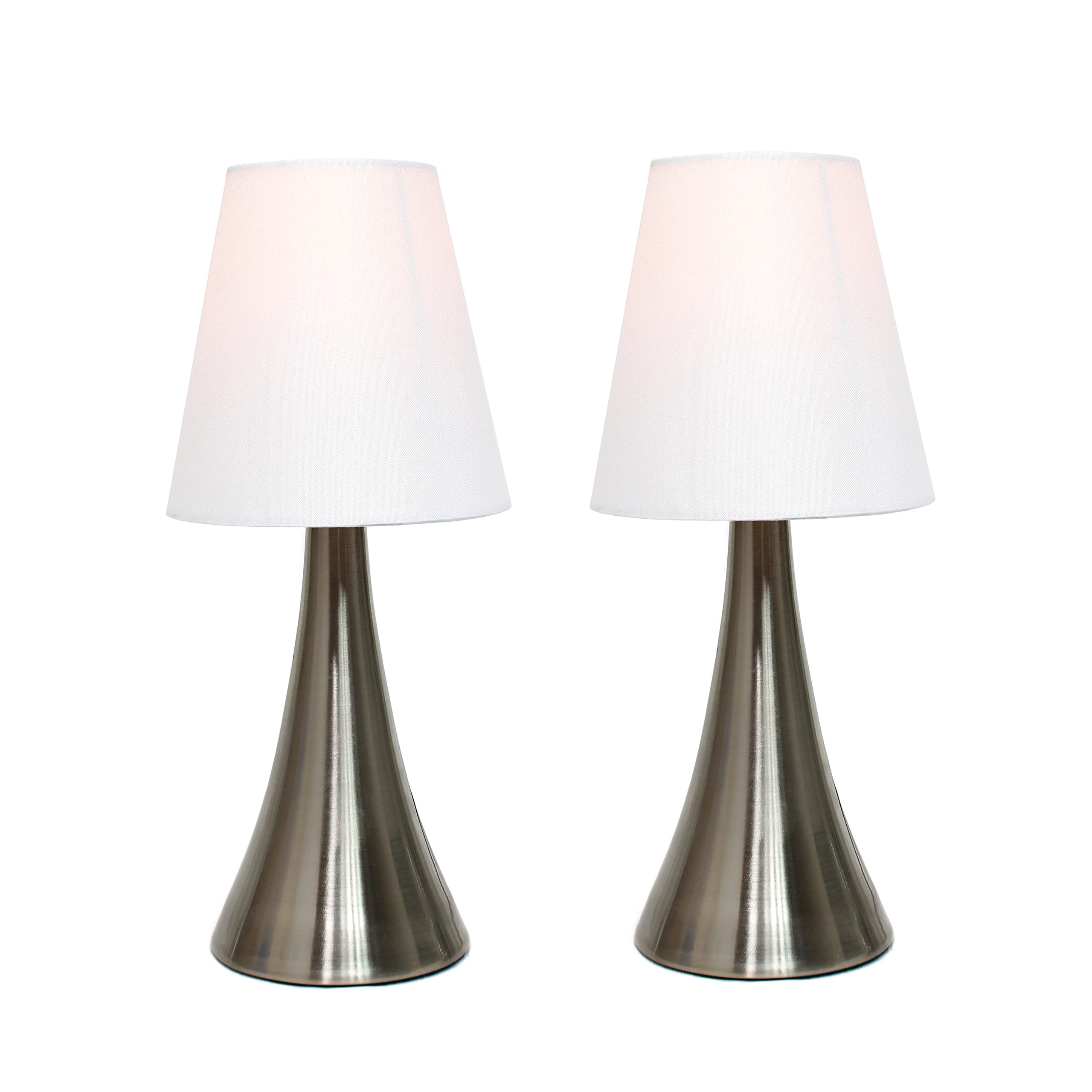 Simple Designs Lt2014-Wht-2Pk Brushed Nickel Mini Touch Table Lamps, Fabric Shades, Pack Of 2, White