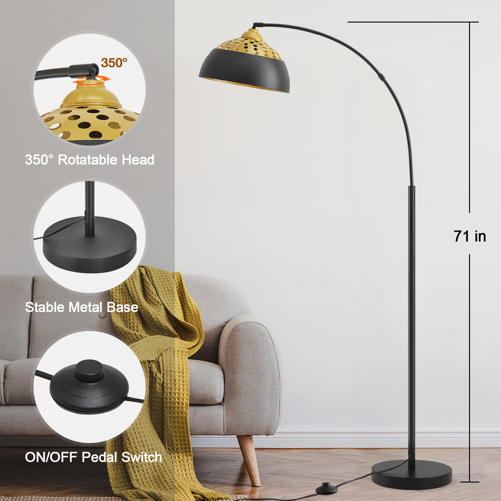 Luvkczc Arc Floor Lamps For Living Room, Black Standing Lamp With Adjustable Hanging Metal Hollow Shade, 71'' Tall Pole Lamp Wit