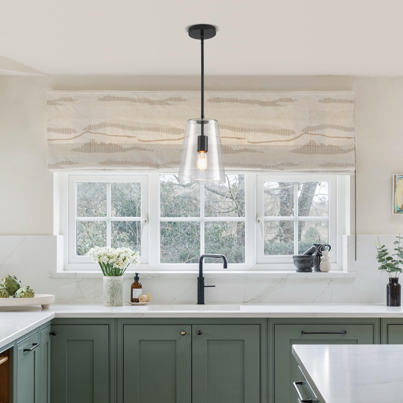 KLSS Black Pendant Lights - Clear Glass Fixture, 12in & 4in Rods, 2 Pack, Metal, Model LDDD002
