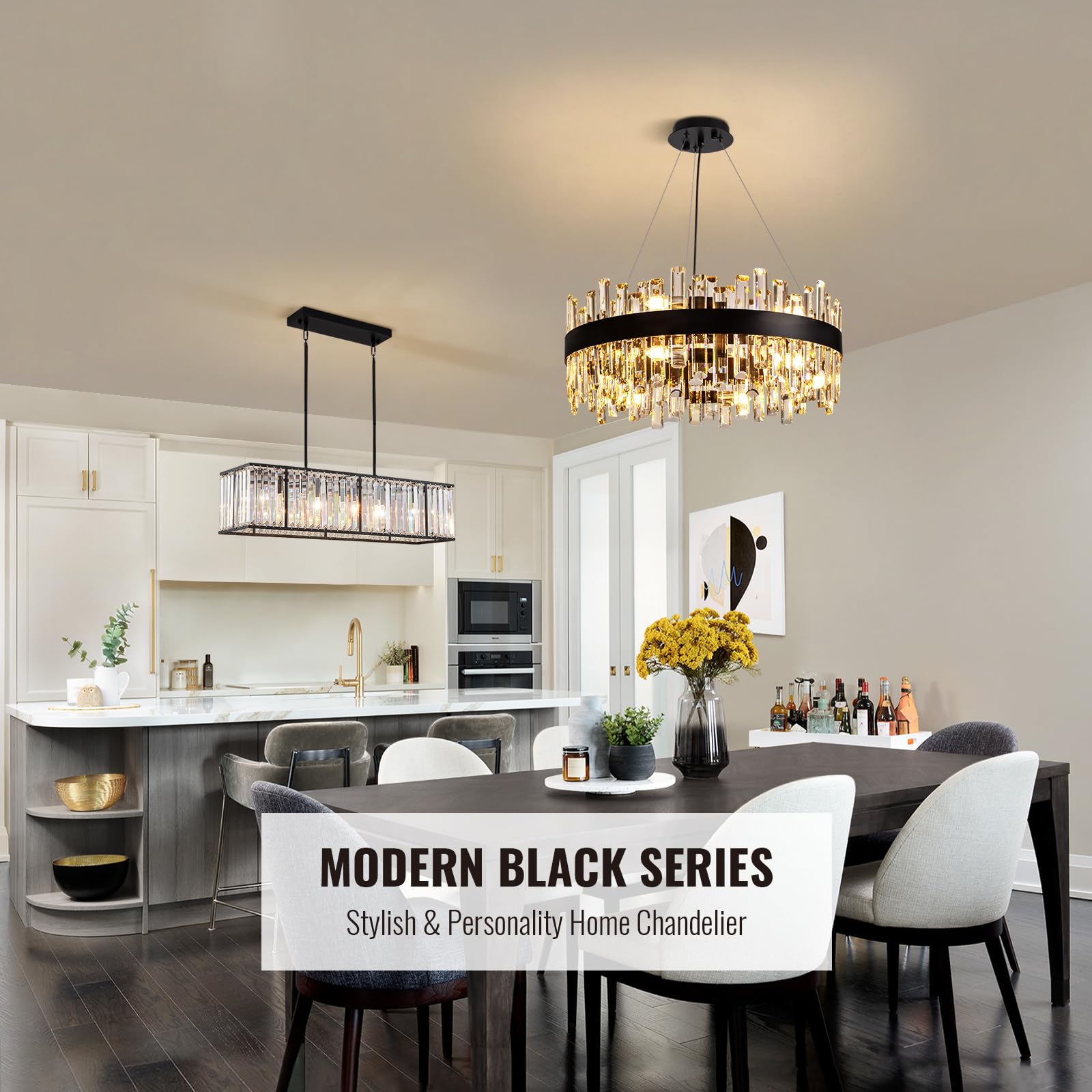 Siljoy Modern Crystal Chandelier, 23.6'' Raindrop K9, Adjustable Flush Mount, Black, Model HLP12506BQG