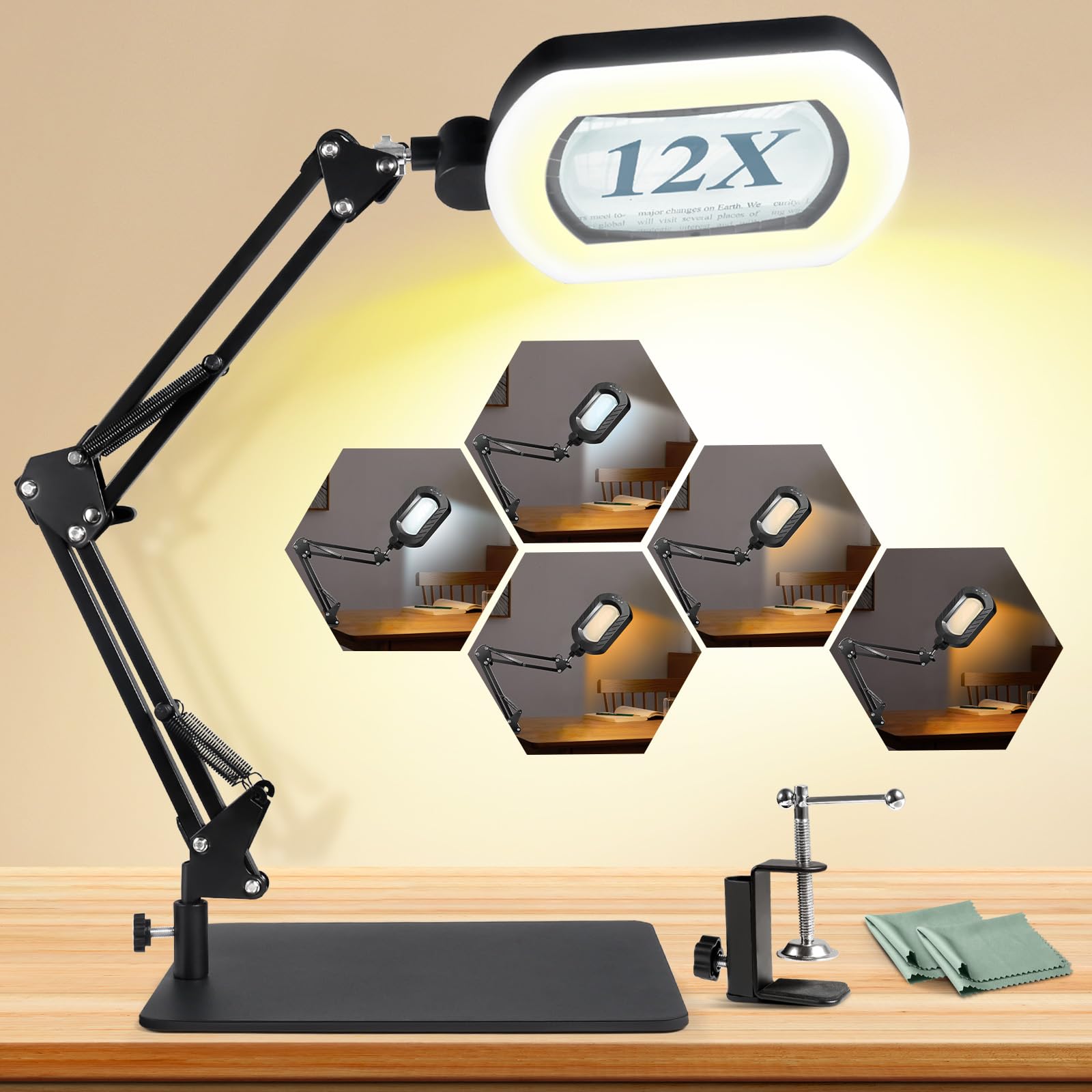 12X Square Magnifying Glass with Light and Stand with 144 LEDs Brightiness, 5 Color Modes Hands Free Lighted Magnifying Glass, 1