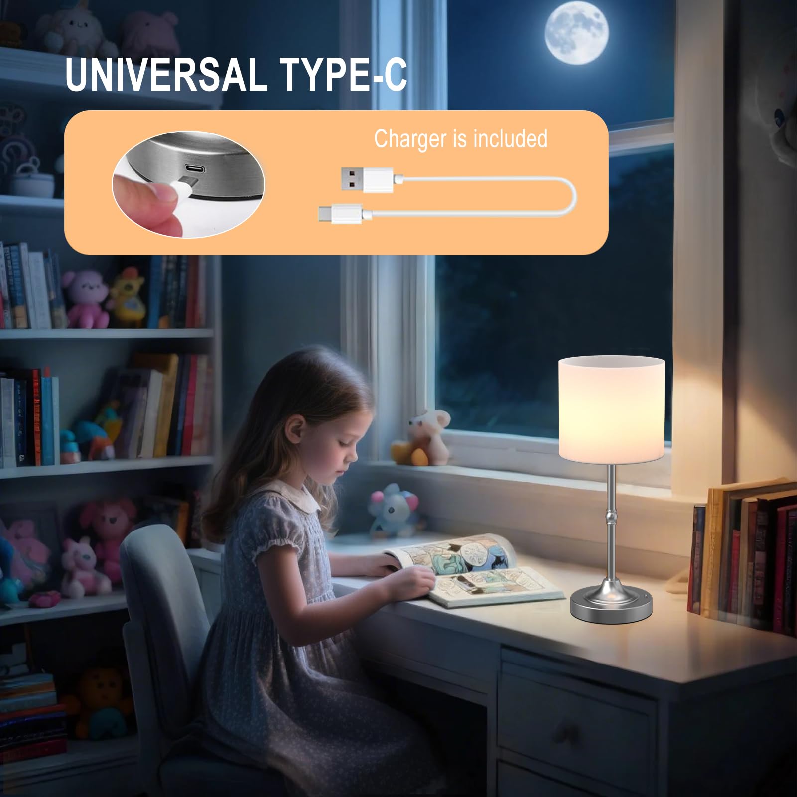 YYXGOOB Cordless LED Table Lamp, Silver Fabric Shade, Dimmable, 16.2"H x 5.9"W x 5.9"D, Rechargeable, Ideal for