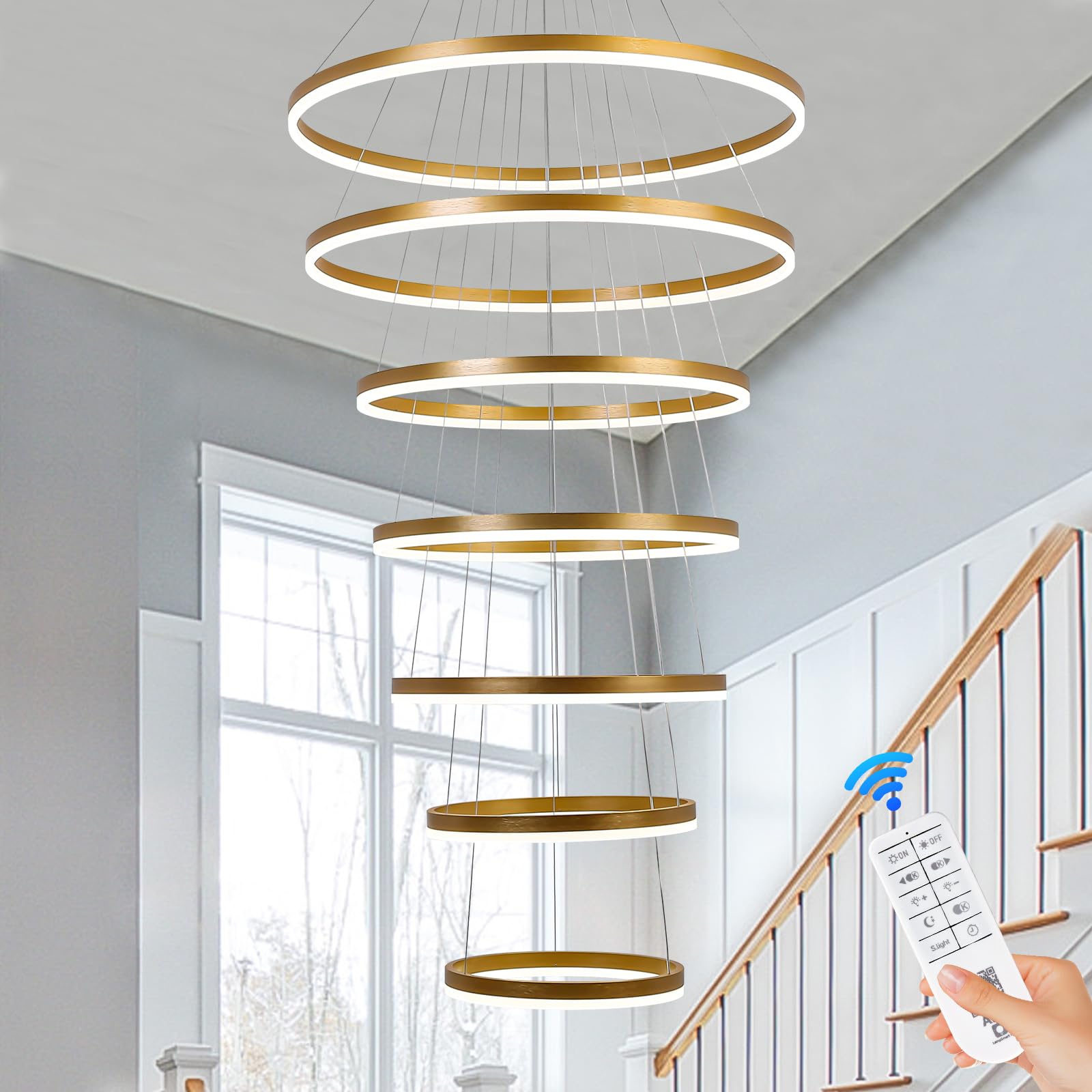 XGZLLIGHTING 7-Rings Modern LED Chandelier Gold D31.5 Contemporary Foyer Chandeliers Large with Remote Entryway High Ceiling Cha