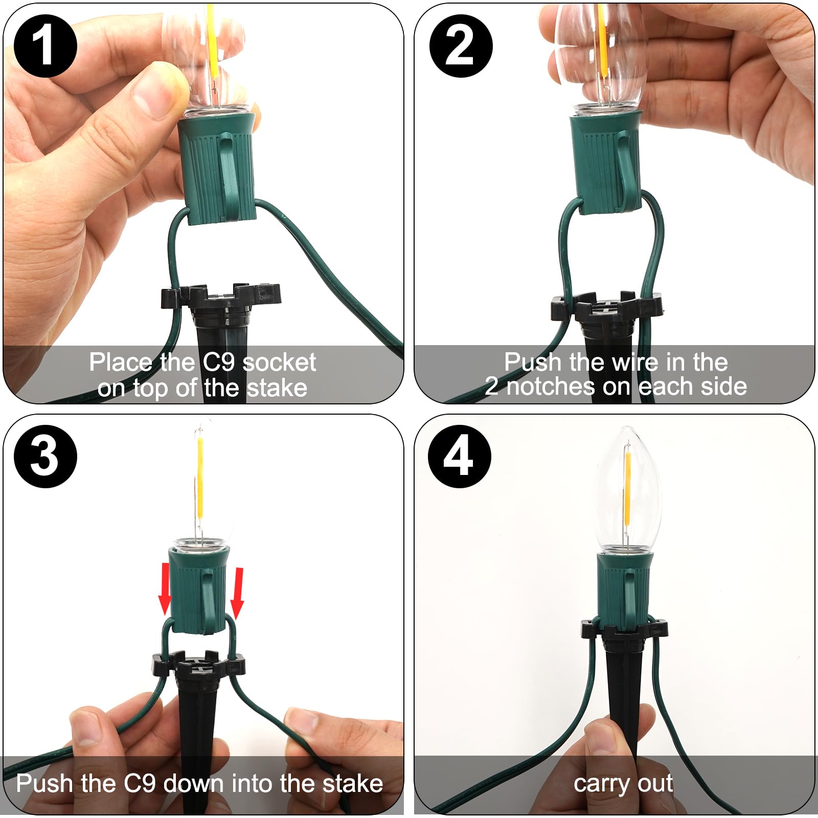 C9 Christmas Pathway Lights, 38Ft C9 Christmas Pathway String Lights With 25 Clear Led Light Bulbs And Stakes For Outdoor Walkwa