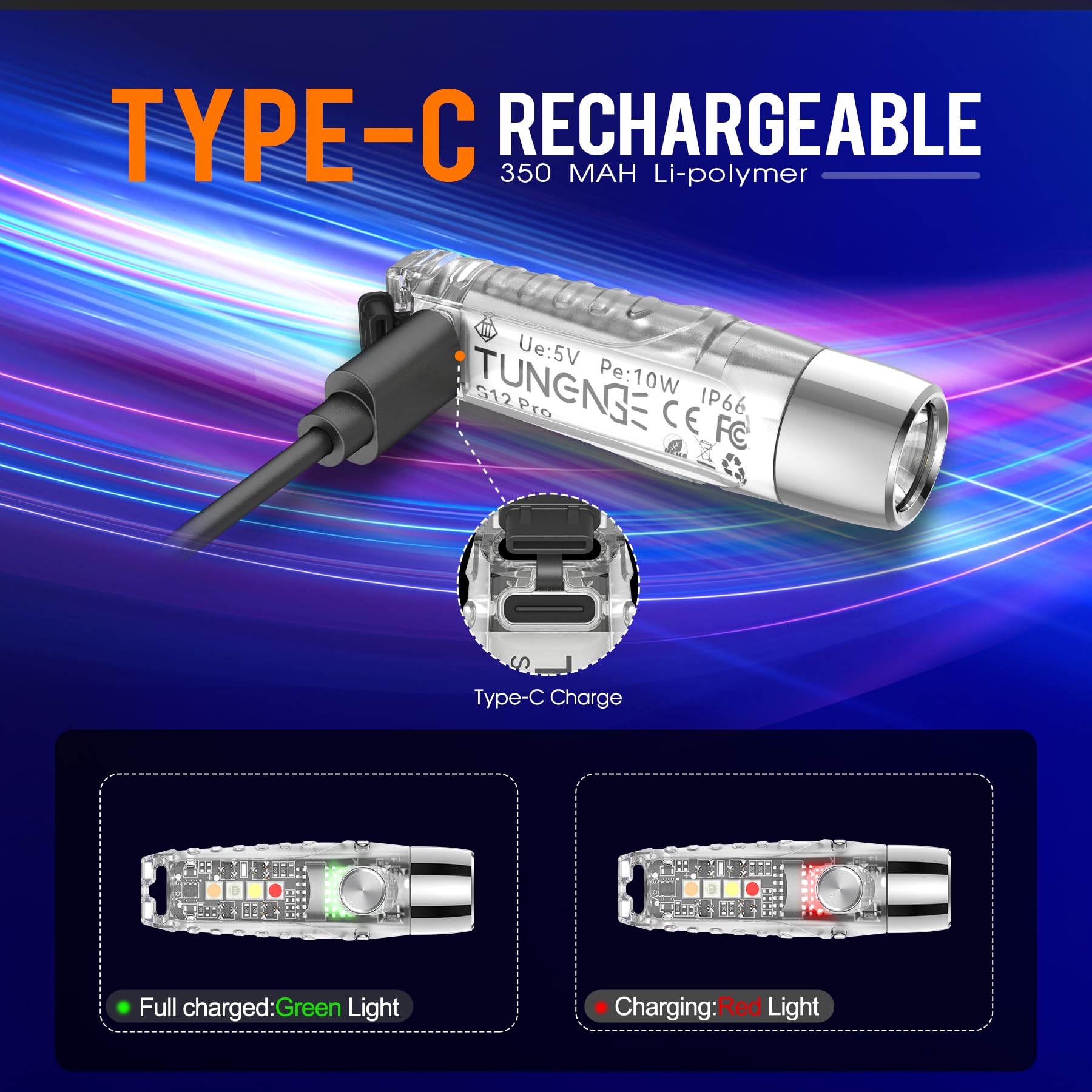 TUNENGE S12Pro Keychain Flashlight, 750 Lumen Mini EDC Light, 11 Modes, Rechargeable, White