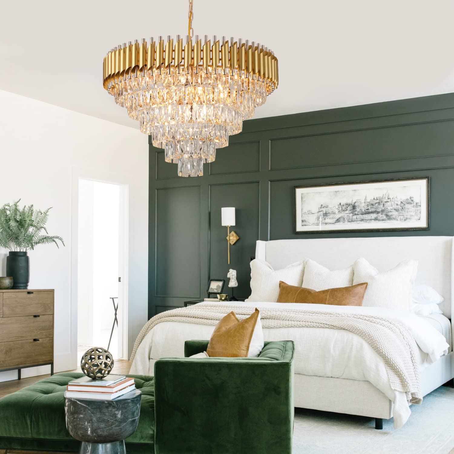 AXILIXI Gold Crystal Chandelier, Modern 30" Metal Pendant Light, K9 6-Tier Luxury Fixture for Dining Room, Foyer, Living Room