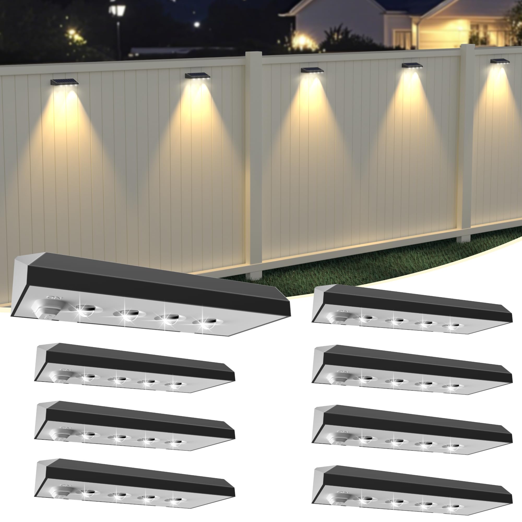NIORSUN Fence Lights Solar Powered, Solar Fence Light Outdoor Warm White LED, IP65 Waterproof Fence Solar Lights for Deck, Patio