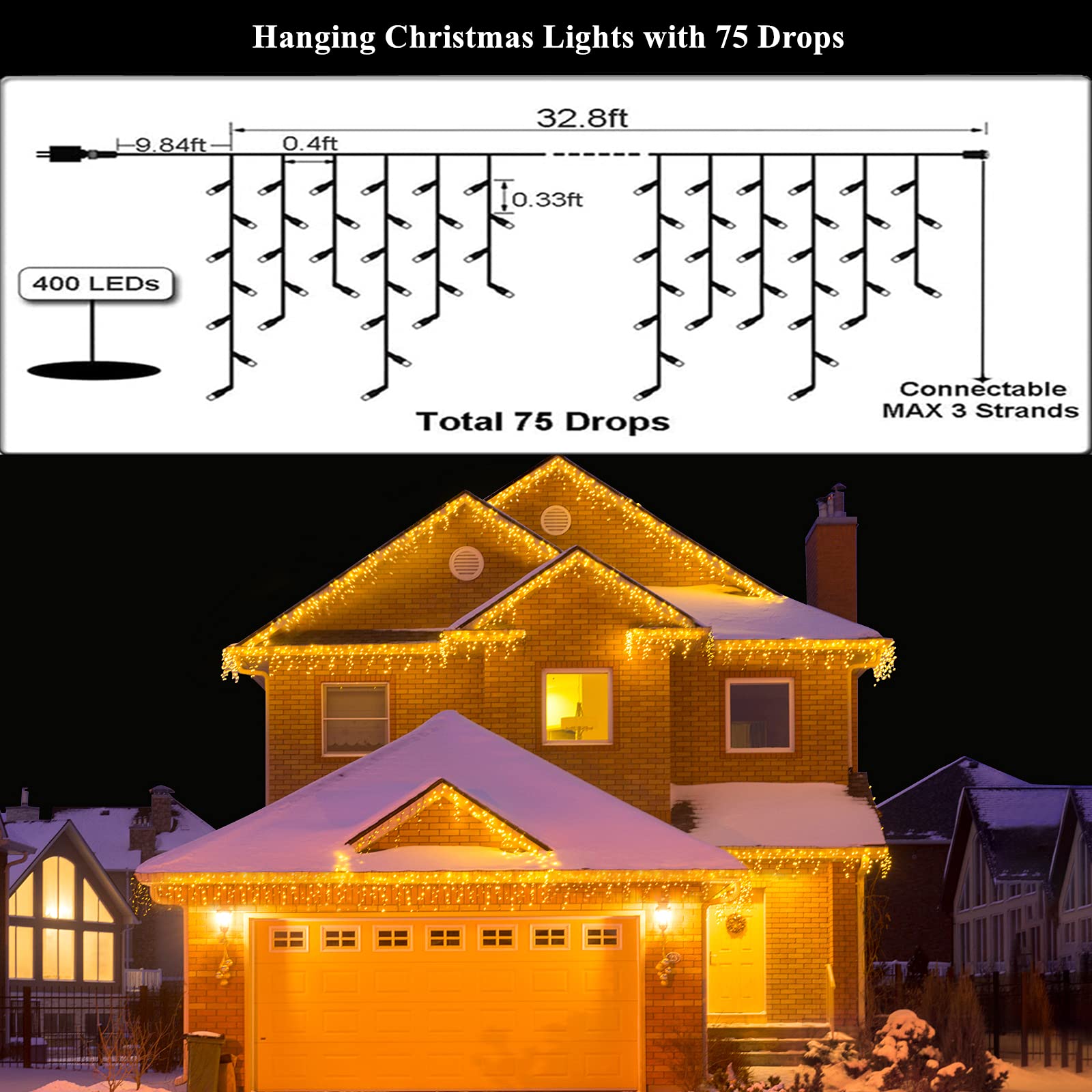 Led Christmas Lights Outdoor Christmas Decorations Hanging Lights 400Led 8 Modes 75 Drops, Waterproof Outdoor Indoor Fairy Christmas Lights For Party, Holiday, Wedding Decorations (Warm Light)