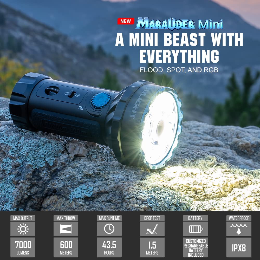 Olight Marauder Mini 7,000 Lumens Bright Flashlight With 600 Meters Beam Distance, Powerful Rgb Lights, Magnetic Rechargeable Fo