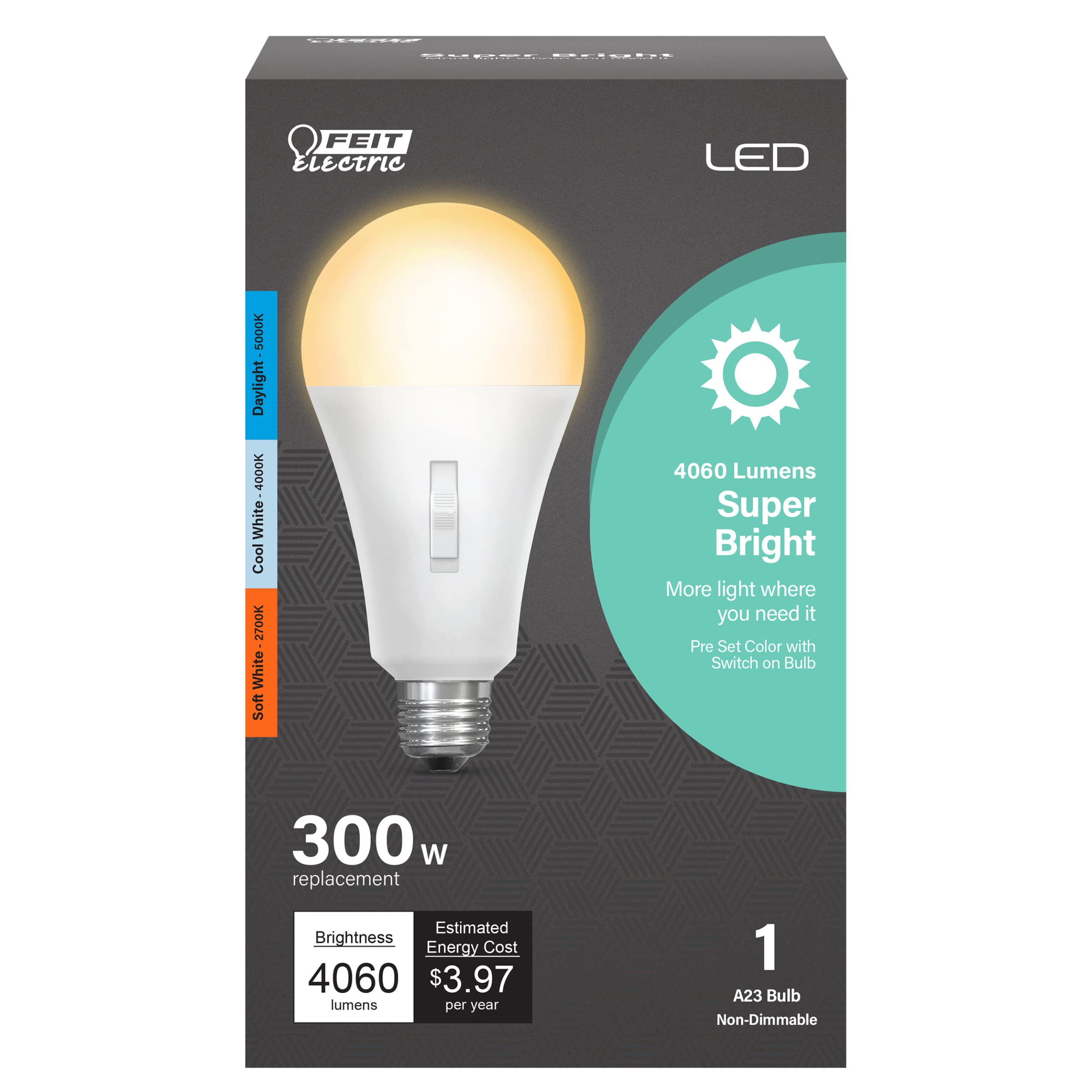 Feit Electric LED Intellibulb A23 E26 - 300W Equivalent, 15 Year Life, 4060 Lumen, Three-Color 2700K/4000K