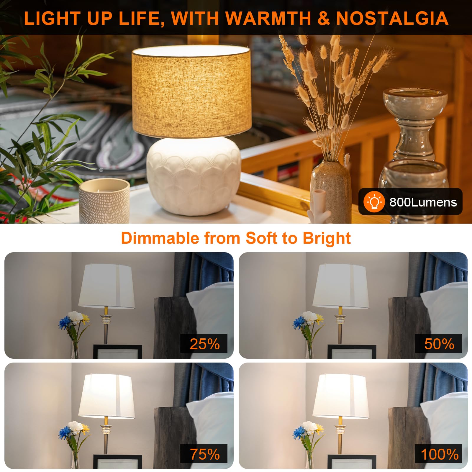 Kawaya E26 LED Edison Bulbs, 8W Equivalent, Dimmable, ST58, Clear Glass, 800 Lumens, 4000k Neutral White, 6 Pack