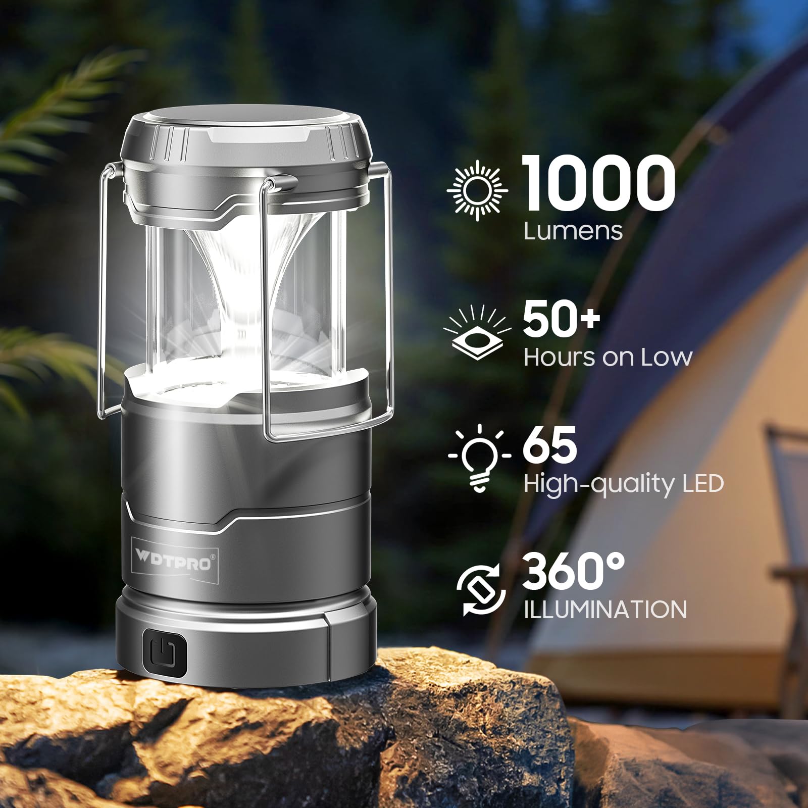 WdtPro Camping Lantern 2 Pack, 65 LED, Waterproof, Collapsible, Stepless Dimming, Gray, Model SCL006