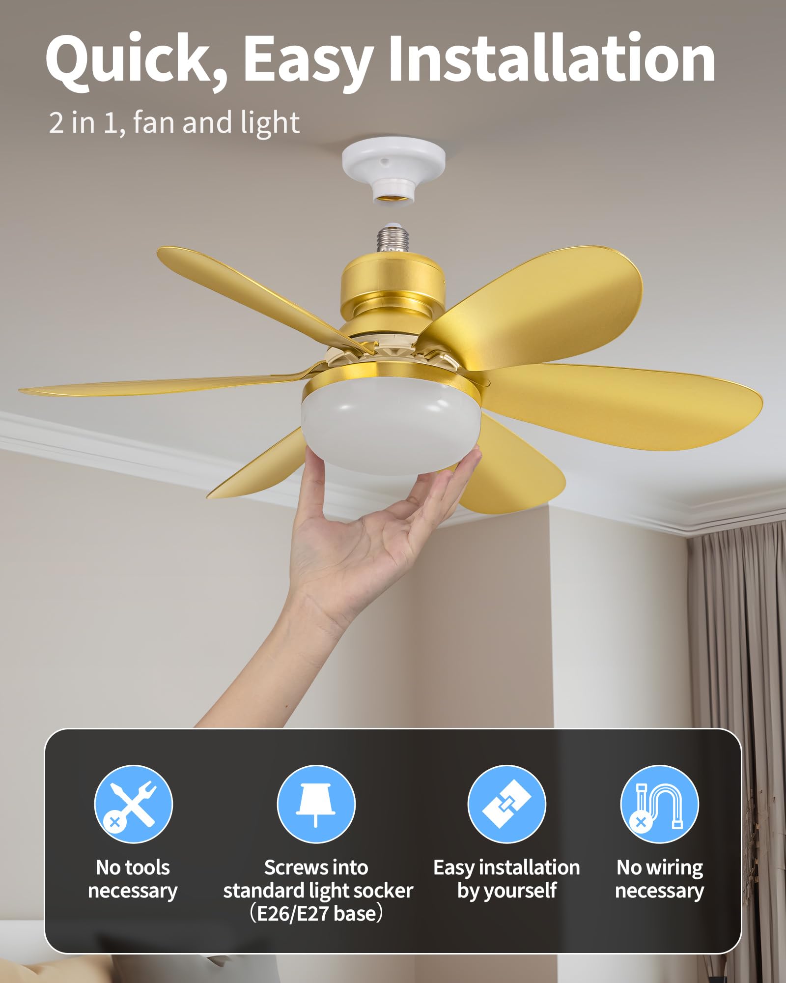 Pusu Ceiling Fans With Light Set Of 2, Low Profile Socket Fan Lamps With E26 Base, 3 Colors Dimmable Led Lighting For Bedroom, K