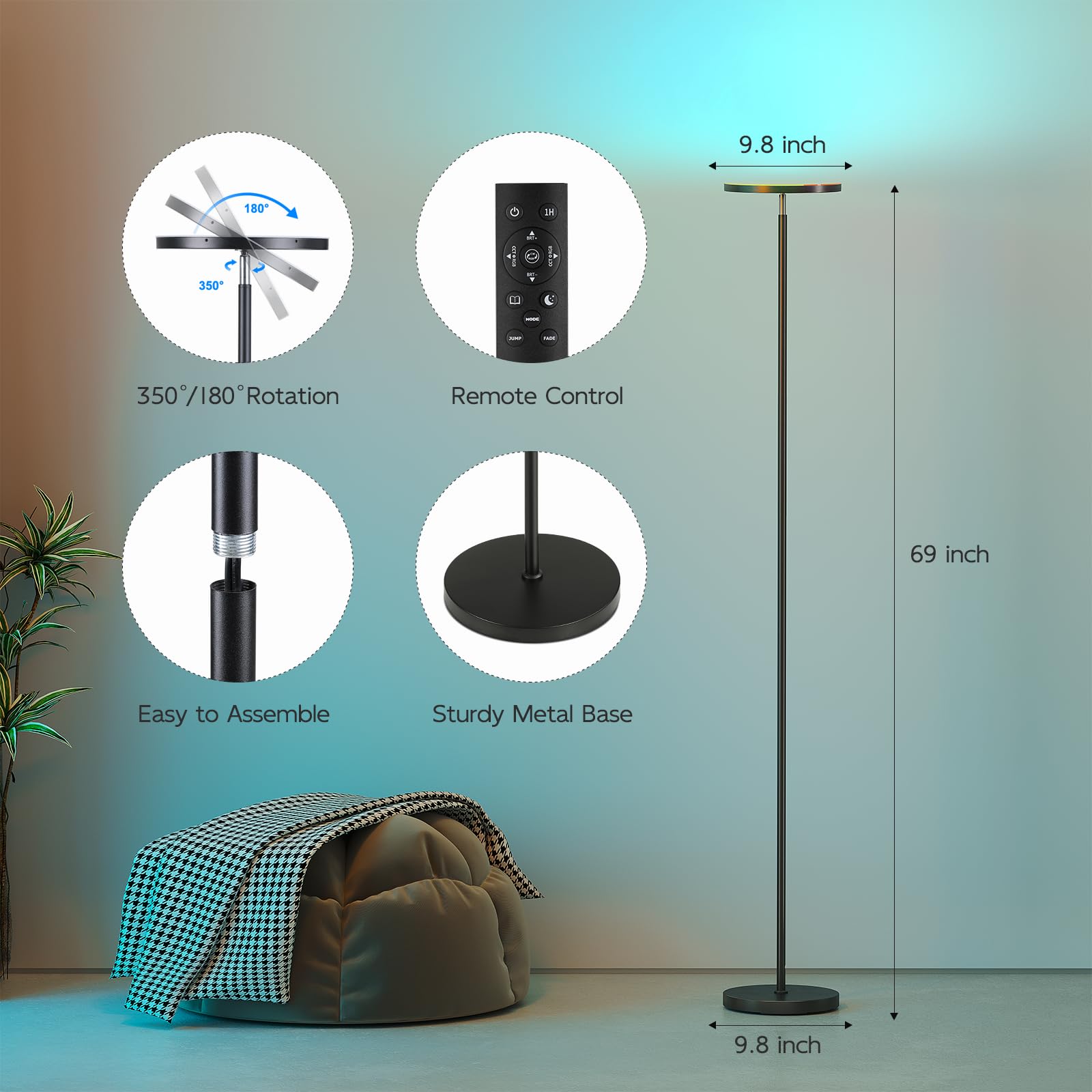 Sunmory Smart Rgb Floor Lamps For Living Room, 32W Bright Led Floor Lamp With App And Remote Control, Tall Standing Lamp With St