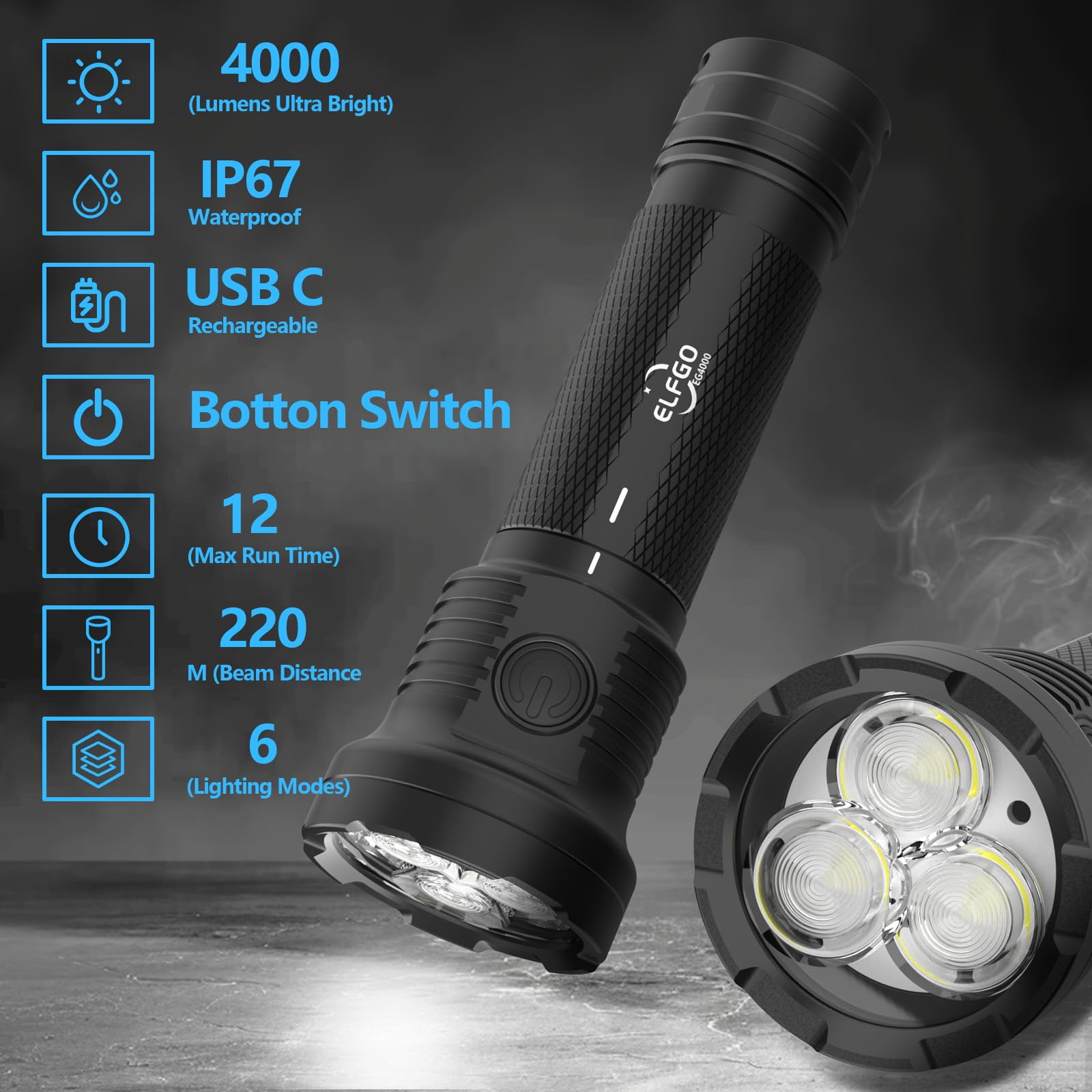 Elfgo 4000Lumens Outdoor Flashlight,Led Flashlight Flash Light Duty Rechargeable Flashlights With Usb C Ip67 Strobe Handheld Fla