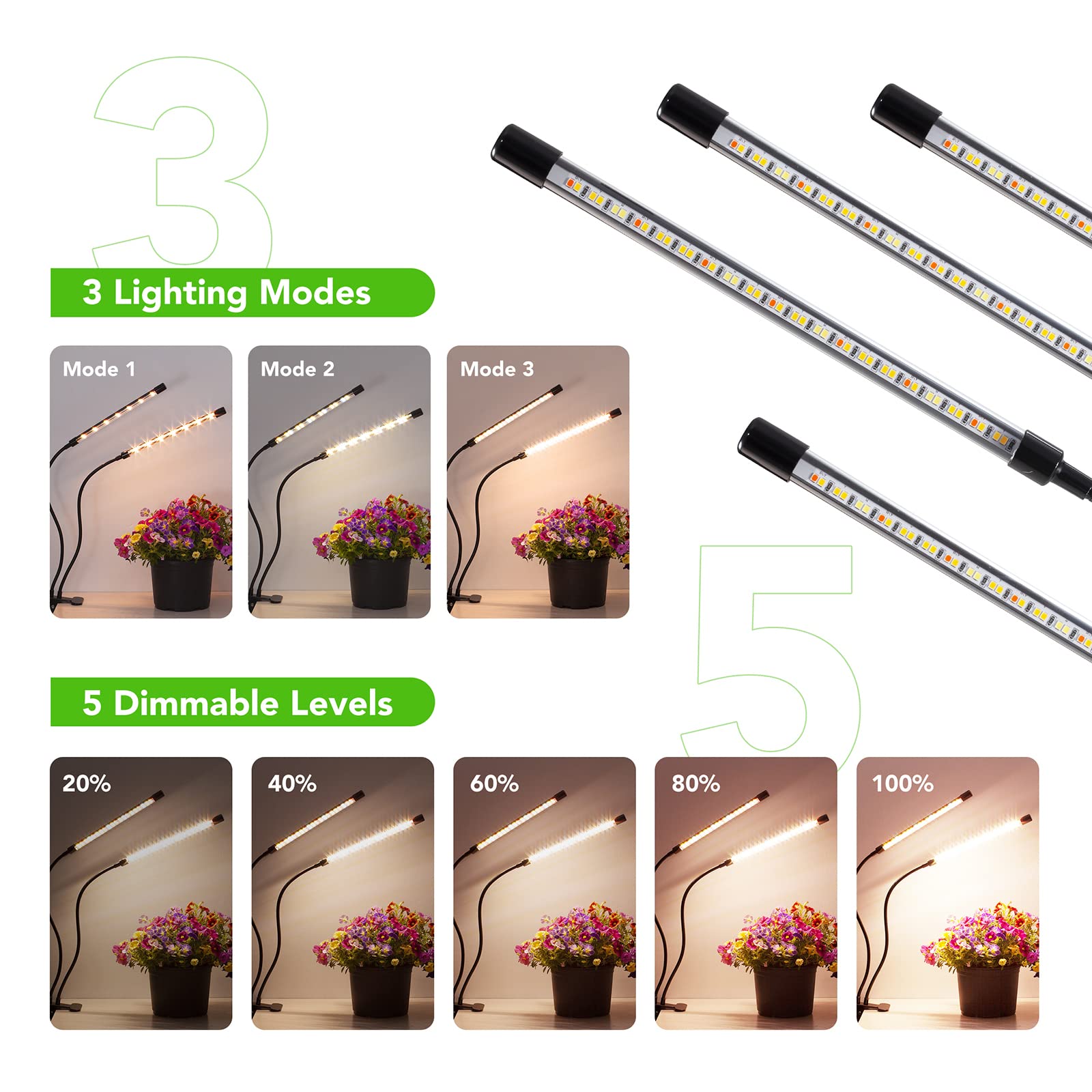 Growstar Plant Lights For Indoor Growing, Full Spectrum 4 Heads Clip Grow Lamps With 10 Feet Cables For Houseplants, Auto On Off