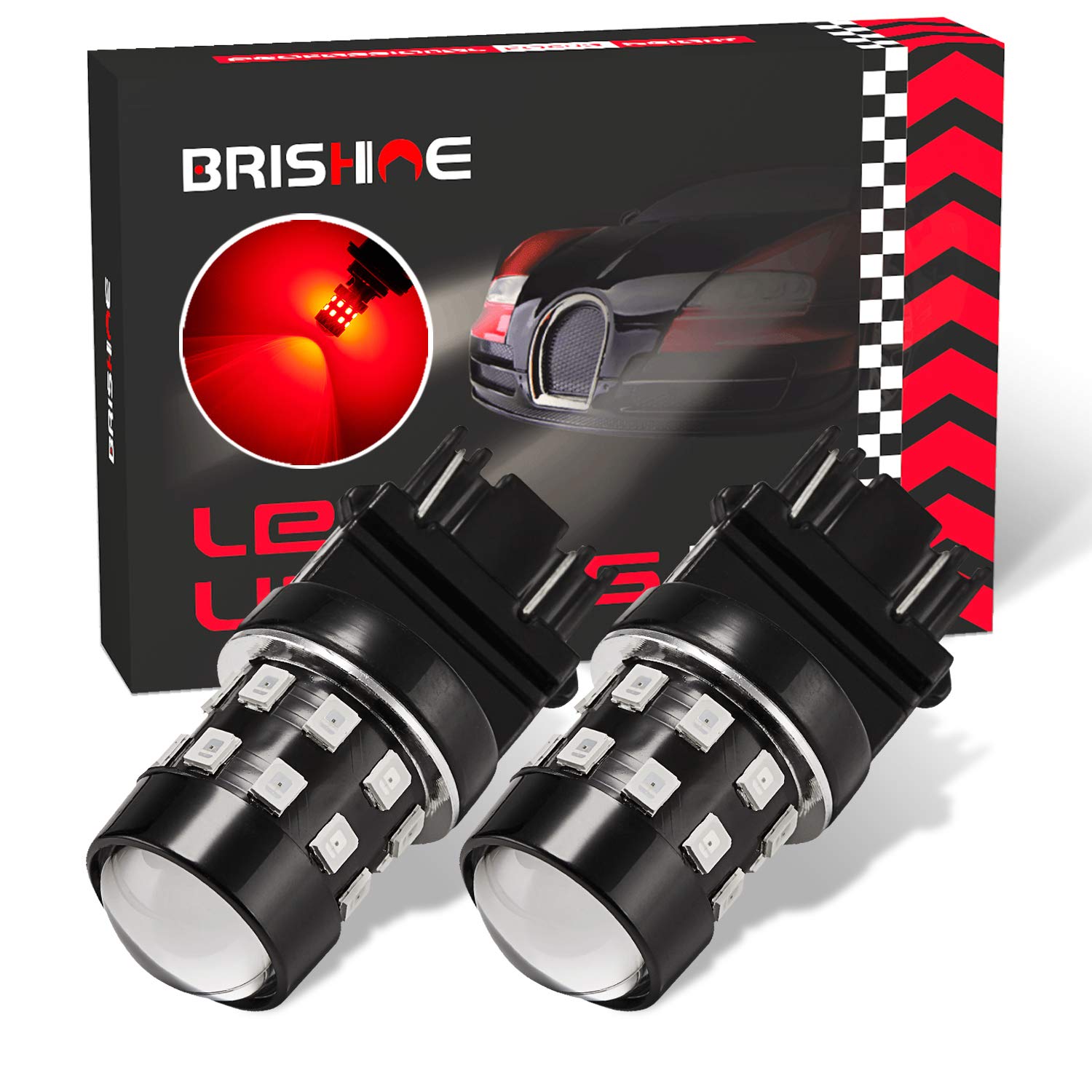 BRISHINE LED Bulbs T25 3157 3156 3057 3056 4057 4157, 24-SMD Chipsets, Brilliant Red, Pack of 2