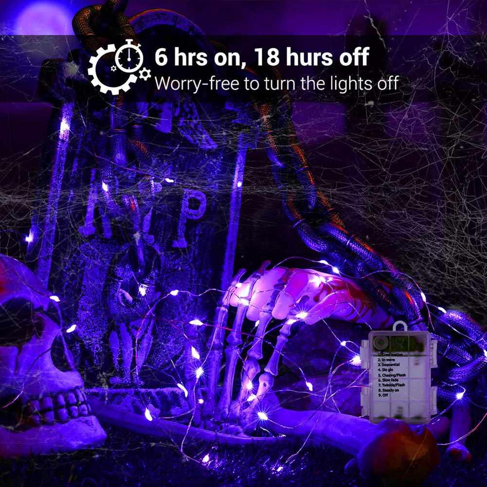 BrizLabs Purple Halloween Lights, 19.47ft 60 LED Battery Halloween Lights, 8 Modes Purple Fairy String Light with Remote, Waterp