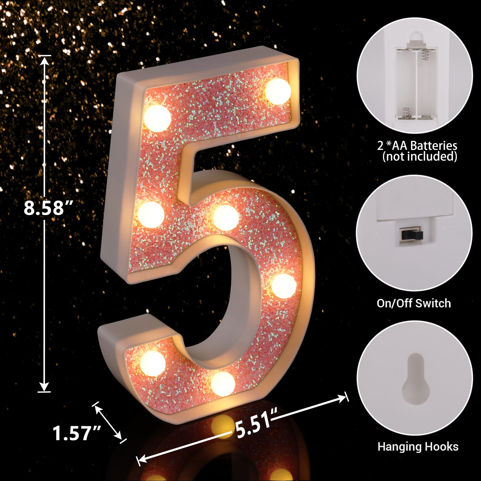 TRONSBOO LED Letter Light - Pink Glitter Marquee Sign, Battery Powered, 140.5mm x 218mm x 40mm, Model Pink-Light-5, Home Party Decoration