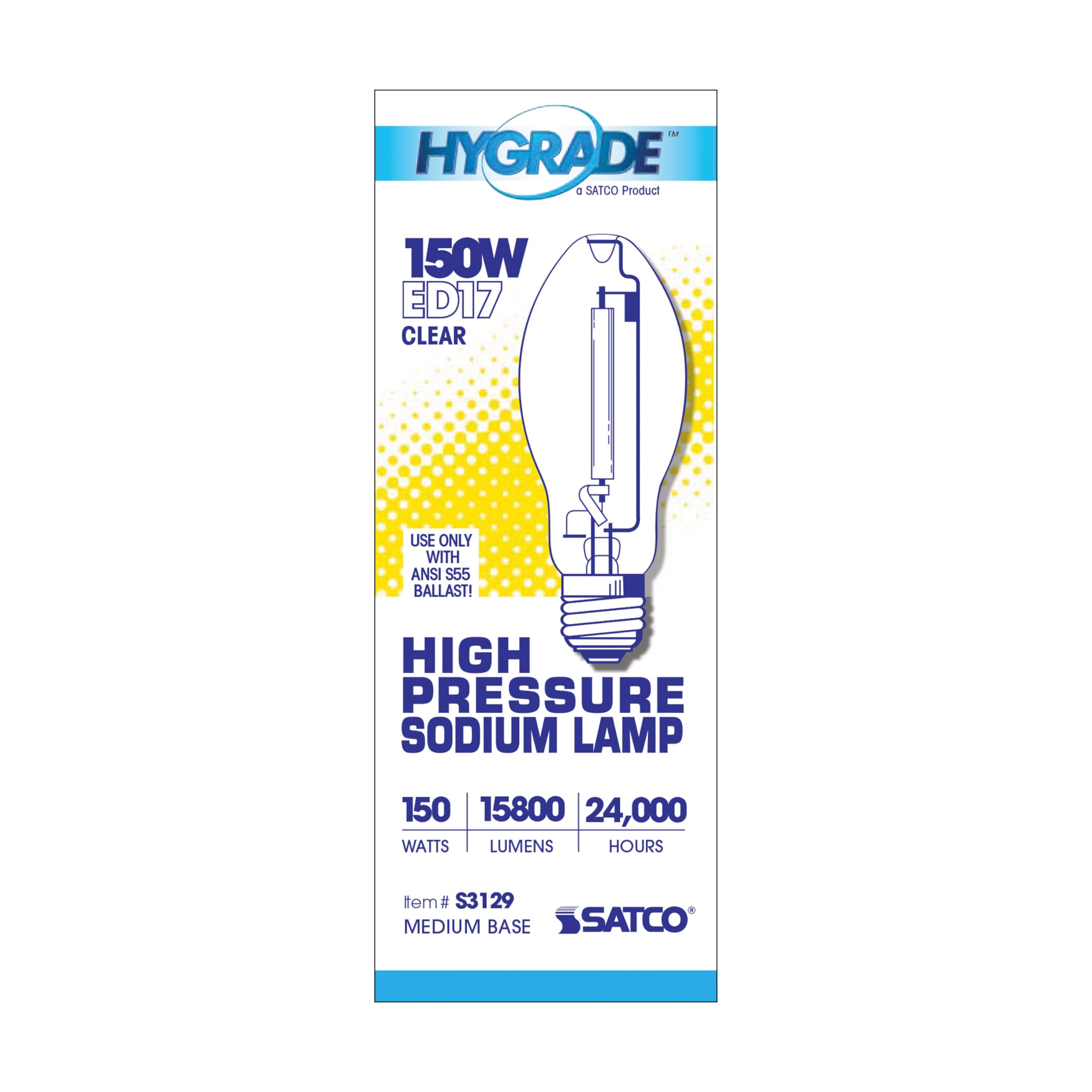 Satco S3129 High Pressure Sodium Lamp 150W 2100K Clear Glass ED17