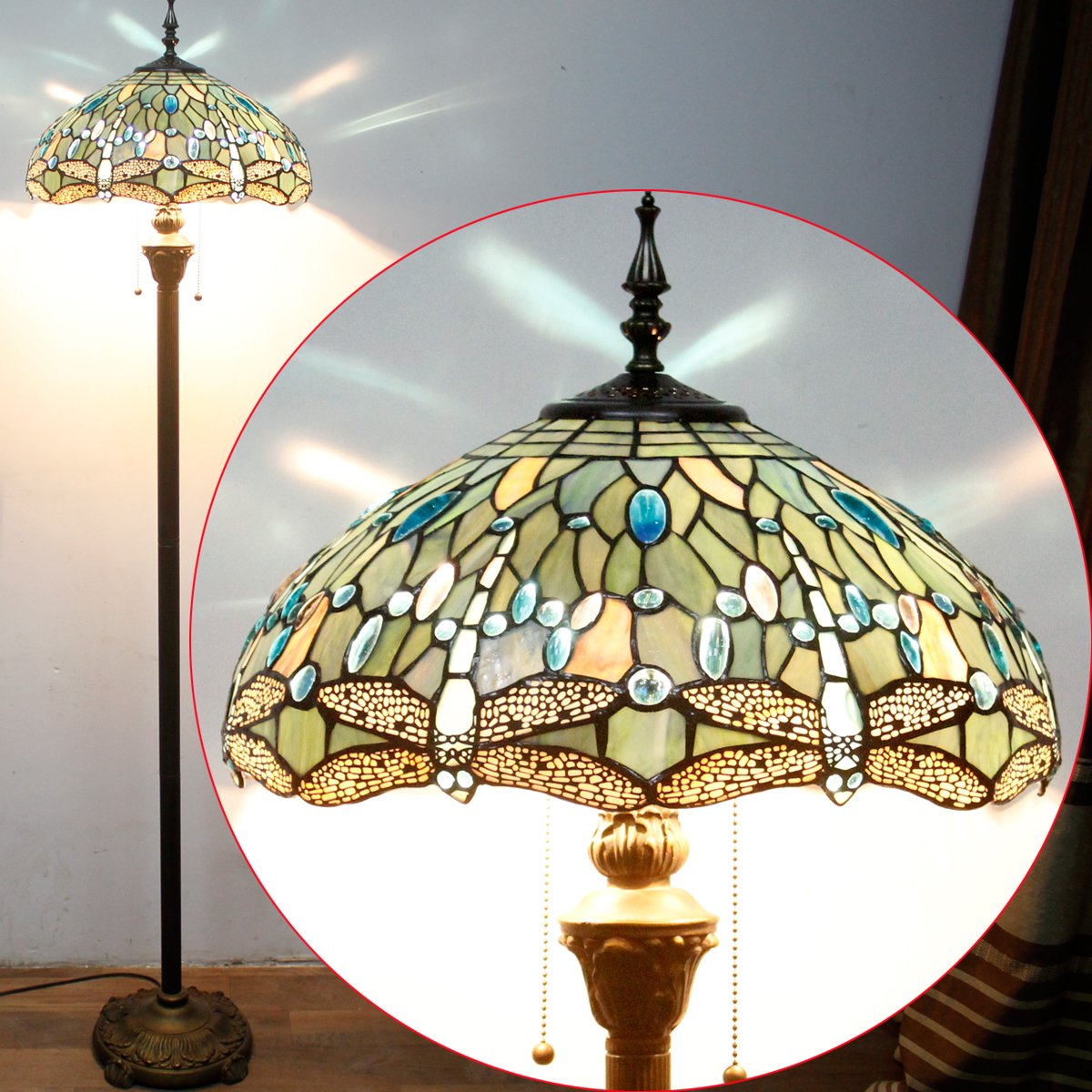 WERFACTORY Tiffany Floor Lamp - Sea Blue Stained Glass, 16x16x64 Inches, Antique Pole Design for Bedroom & Living Room, S147 Series