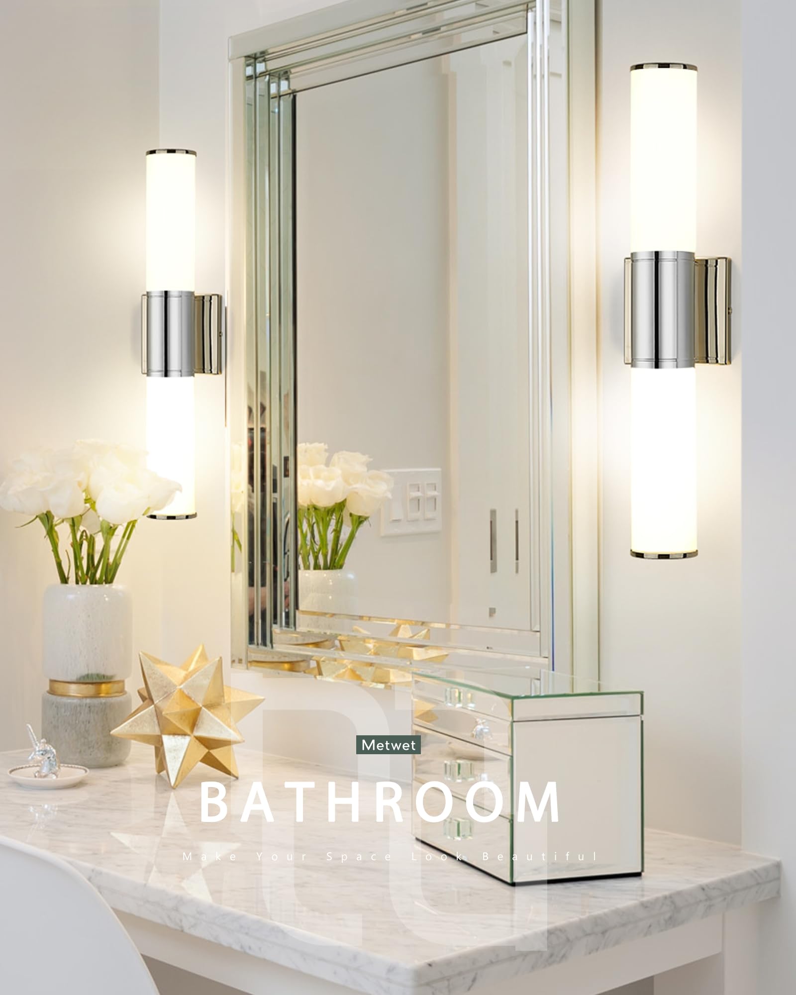 METWET Bathroom Vanity Light Fixture, Chrome Wall Sconce with Milk Glass, Modern Up/Down Mount Lamp for Bathroom, Bedroom, Kitchen, VL834-CH-ML