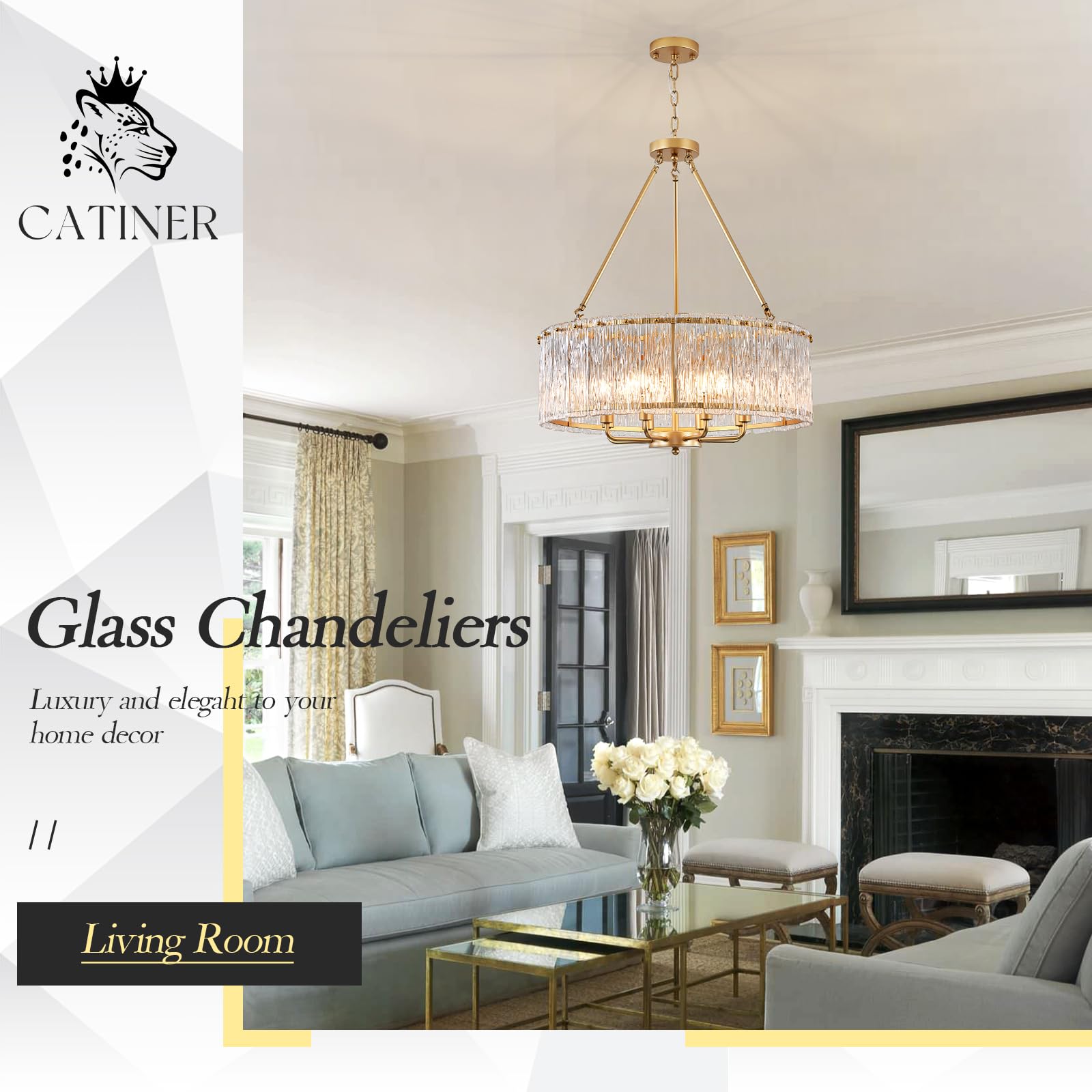 Catiner Gold Drum Chandelier 24.4'' Modern Crystal Glass Chandeliers Luxury 8-Light Pendant Ceiling Chandelier Lighting For Dini