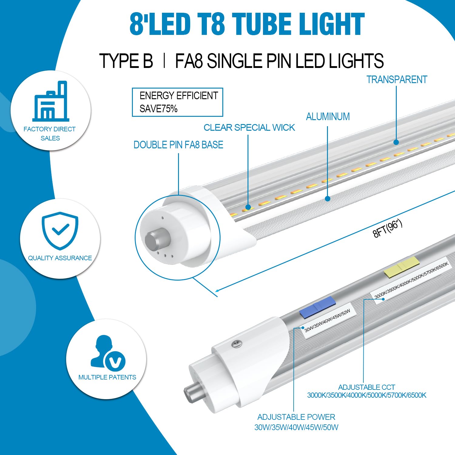 rgbylediison T8 T12 8FT LED Bulbs 6CCT 3000K-6500K FA8 Type B Clear (6 Pack) Ballast Bypass, Super