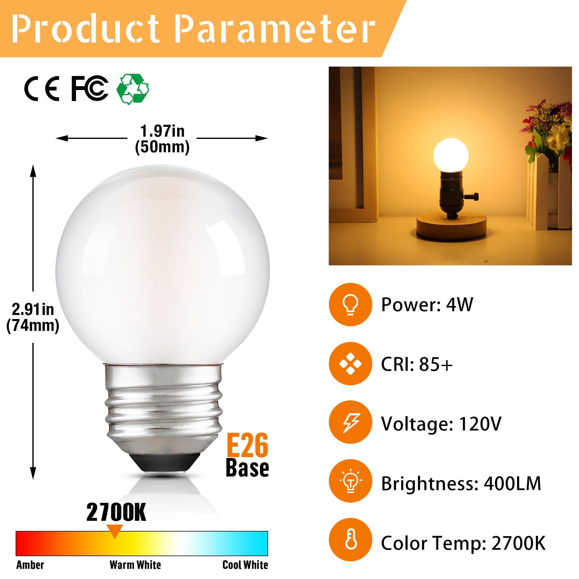 Padmo Ludaz Dimmable E26 G16.5 Led Light Bulb 40W Equal 4W Frosted Globe Light Bulbs,Small Round Light Bulbs Type G Light Bulb F