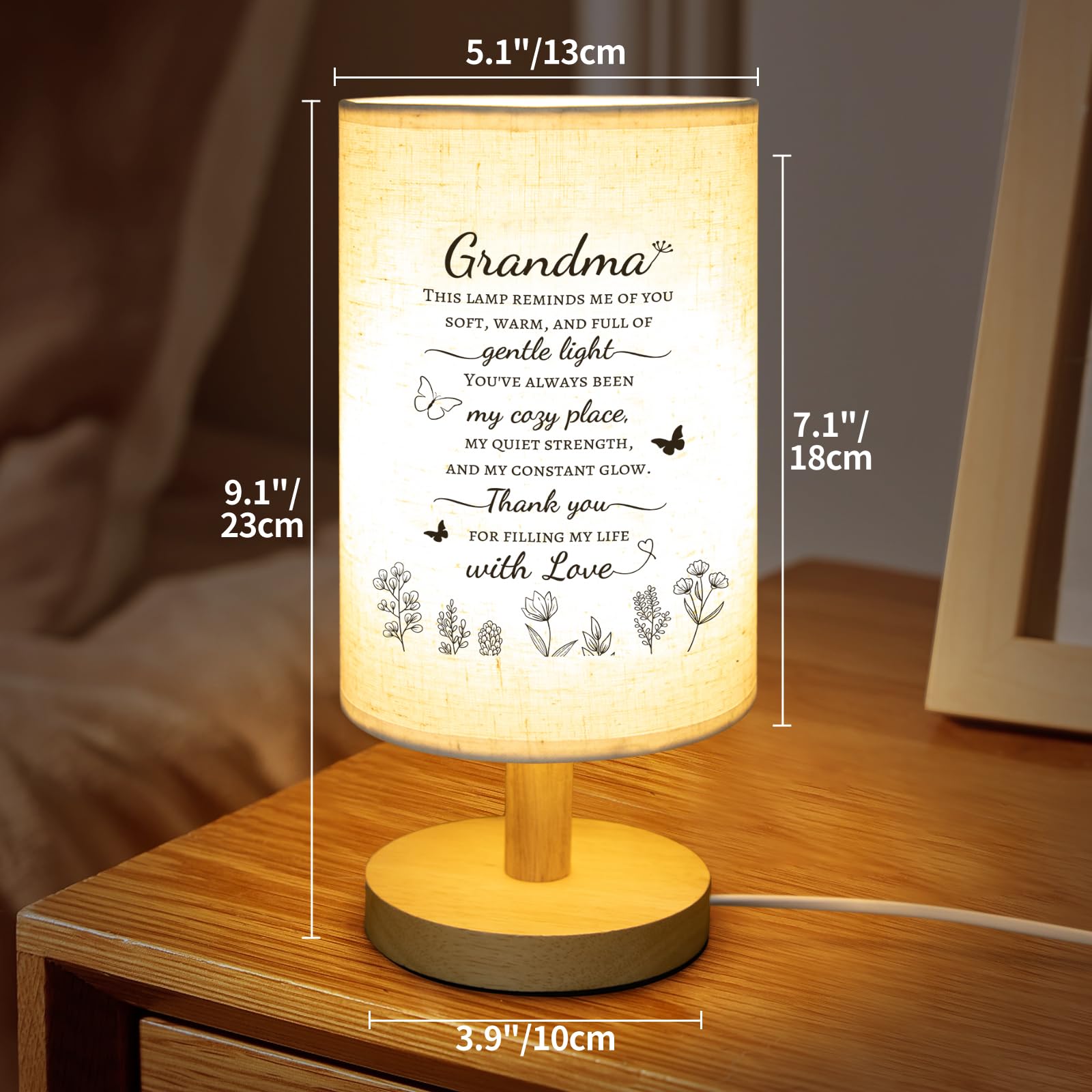 Calibron Fabric Table Lamp for Grandma - White, Wooden Stand, Model: Grandma