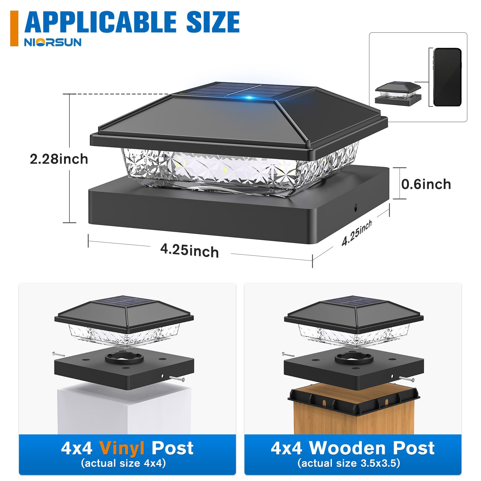 NIORSUN Solar Post Lights, Cool White, Waterproof, 4x4 Post Caps, 16 Pack, Black, Model TZ22