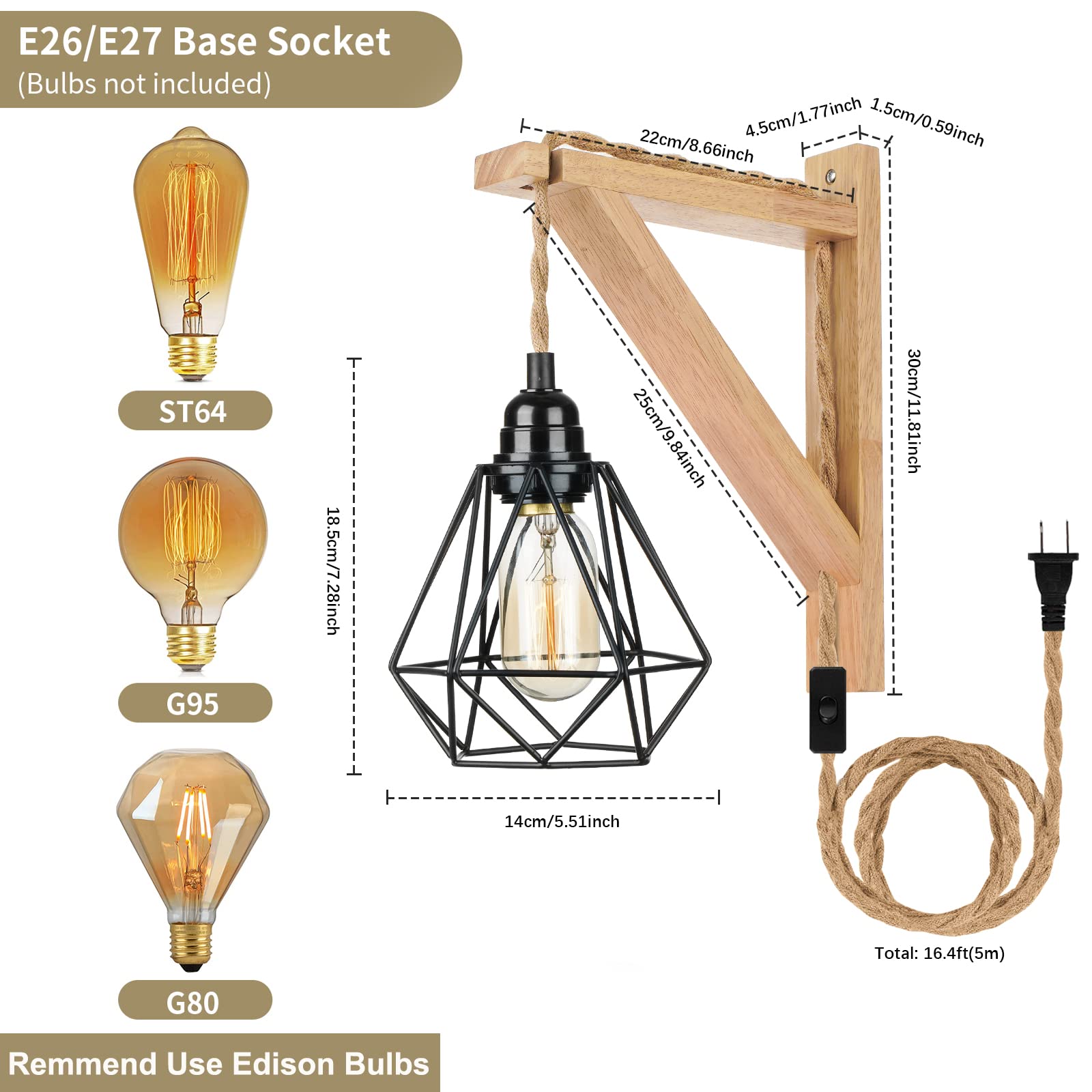 FRIDEKO Wood Plug-in Wall Sconces, 2-Pack Rustic Lamps with 8.21FT Cord, Black