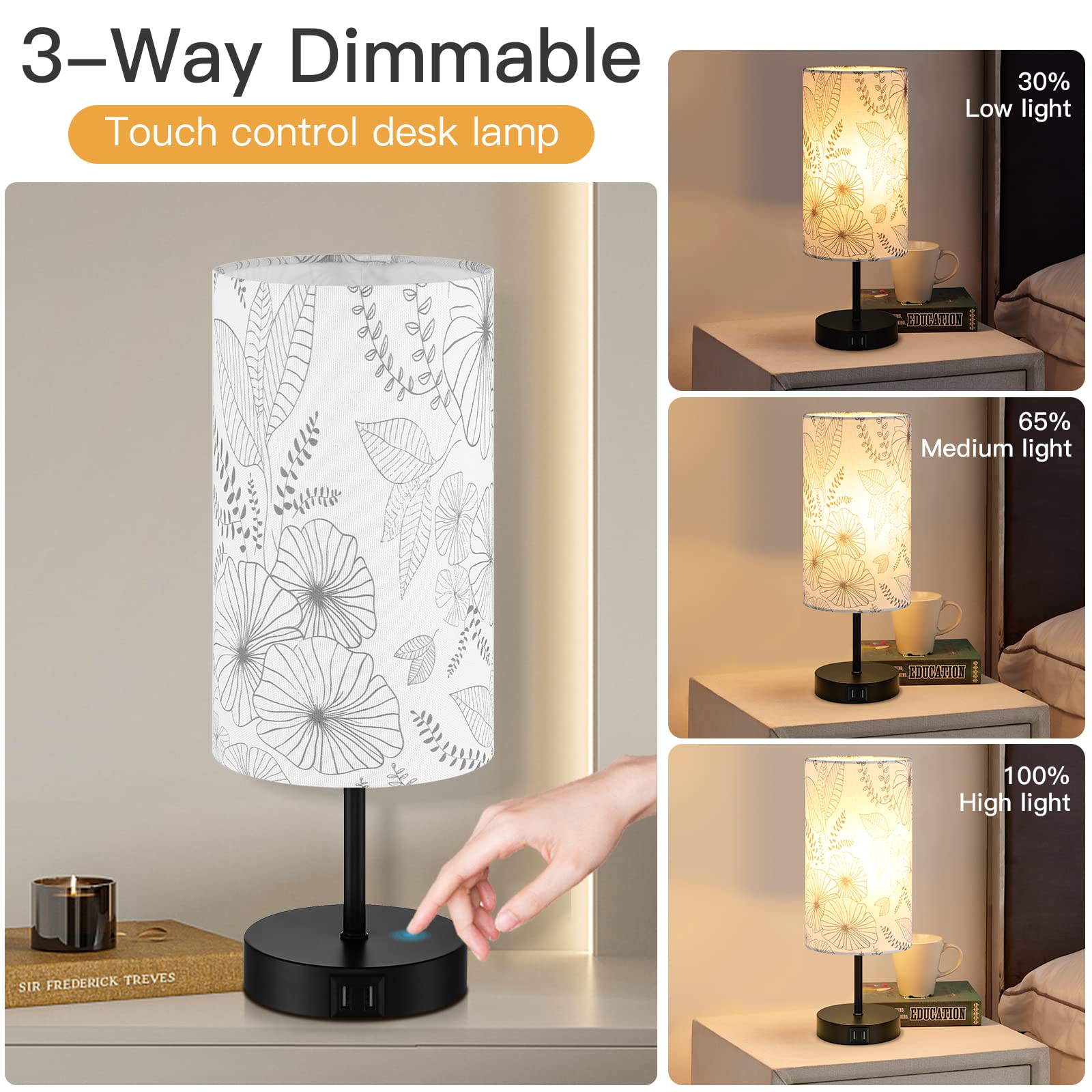 CINSARY Touch Control Bedside Lamp, 3-Way Dimmable, 2 USB Ports, Fabric Shade, White, E26 LED Bulb Included