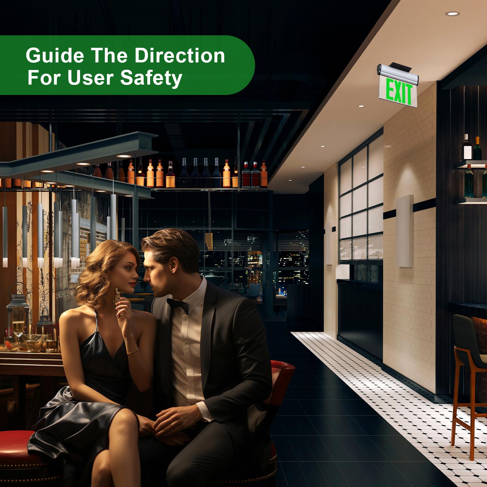 SASELUX Led Edge-Lit Exit Sign, Green, Single-Sided, Hardwired with Battery Backup, Model SL89G, Brushed Aluminum Housing