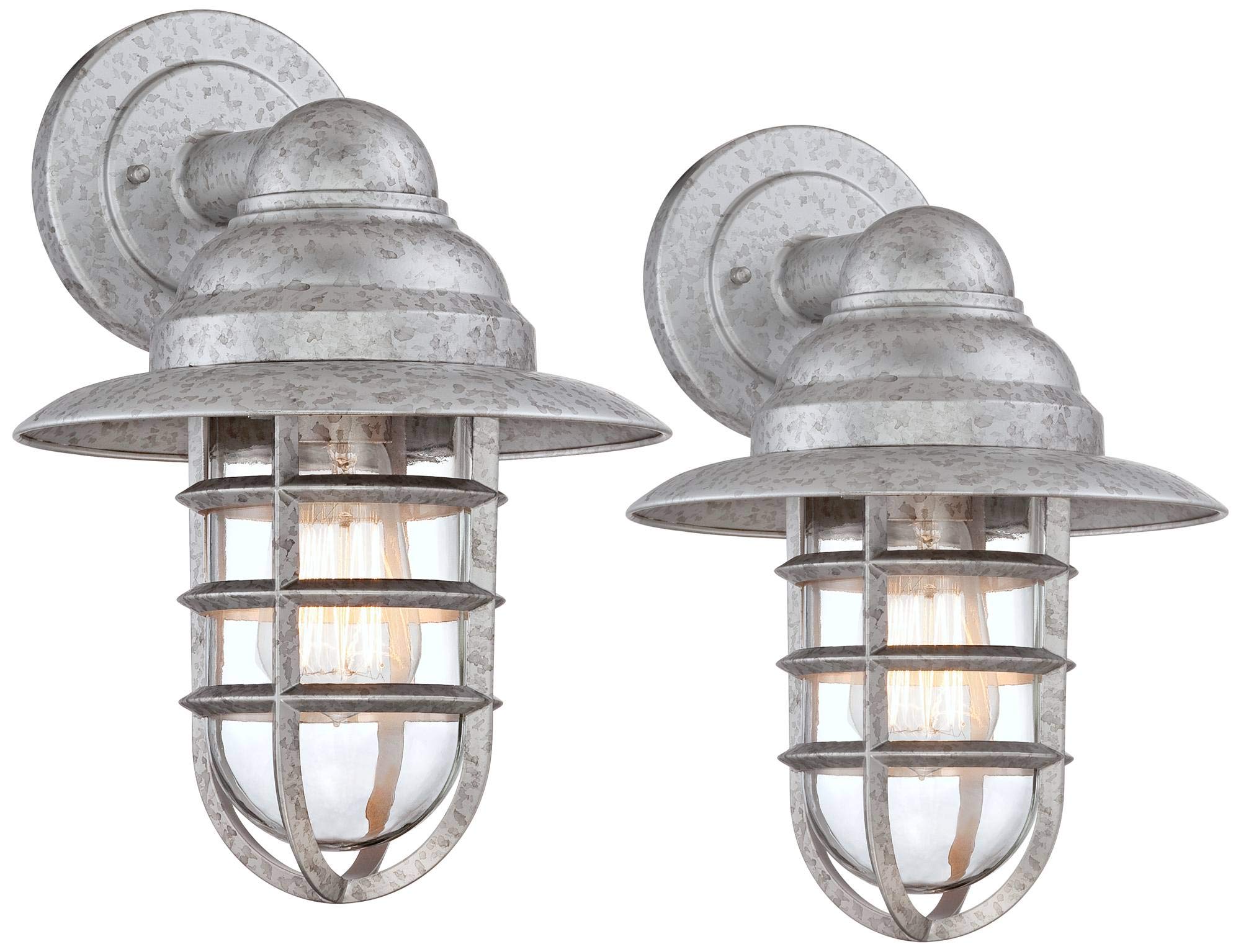 John Timberland Outdoor Wall Light Fixture Set of 2, Hooded Cage, Galvanized Metal, Clear Glass Shade, Silver, Model 886305419316