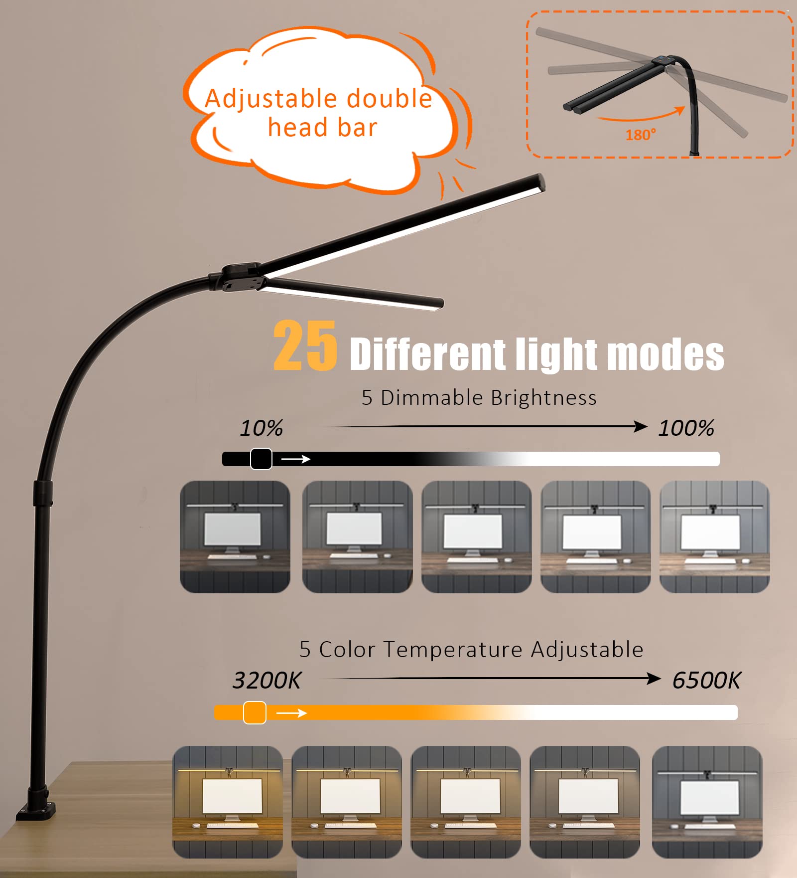 Ksunun Double Head LED Desk Lamp - 24W, 5 Color Modes, Dimmable, Eye Protection - Big, Black, Model: zydgjpl-0012