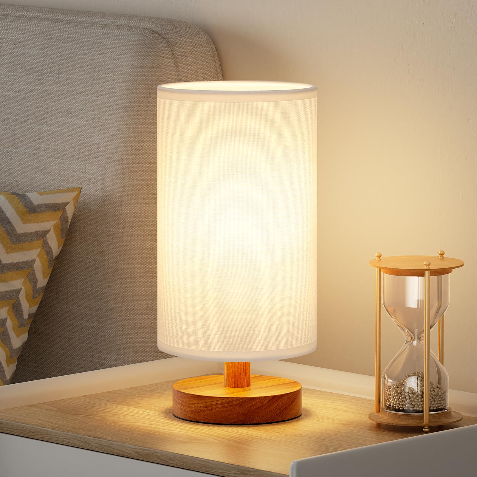 Fenmzee Small Table Lamp For Bedroom - Inline Control, Bedside Lamp With 3000K A15 Led Blub, Easy Assembly (White Shade - Walnut