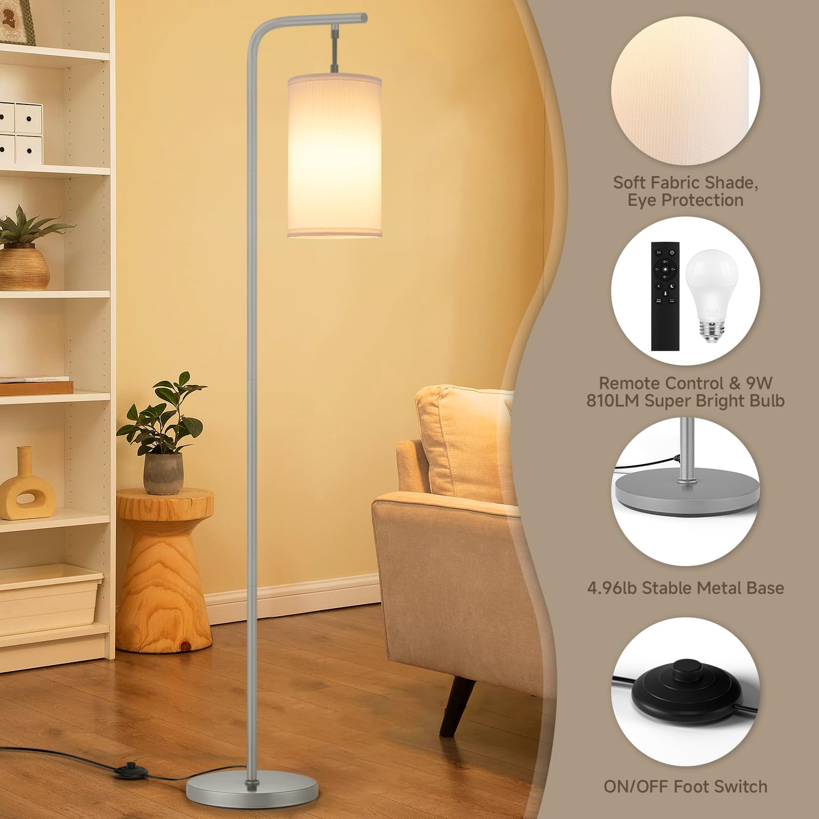 Coucrek Floor Lamp - 9W LED, Remote Control, Custom Color Temperature & Brightness, Tall Standing, Gray, Model F109