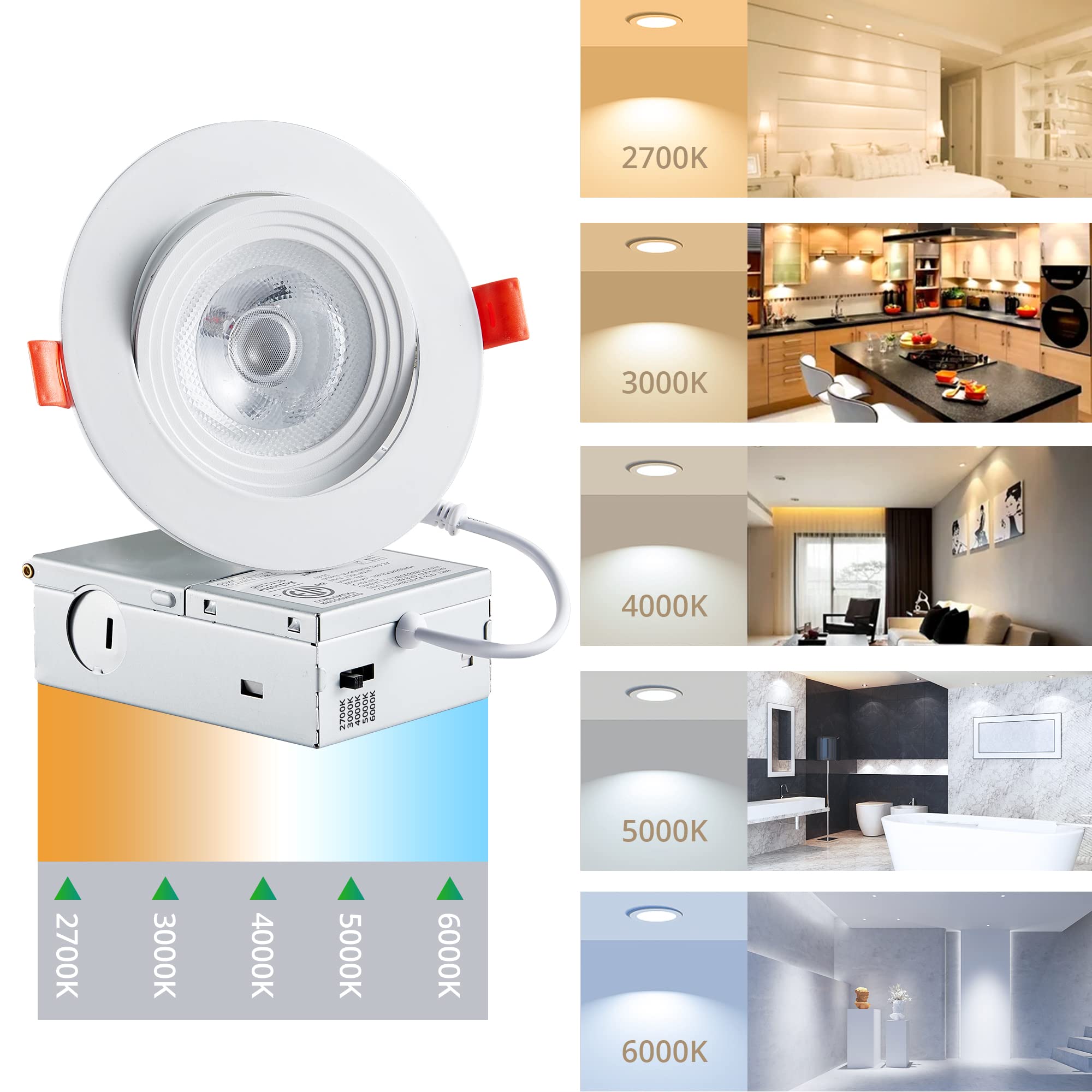 LEDIARY 4 Inch Gimbal LED Recessed Lighting, 5CCT Adjustable 2700K-6000K, 750LM, White, Aluminum, Model Gimbal-RL