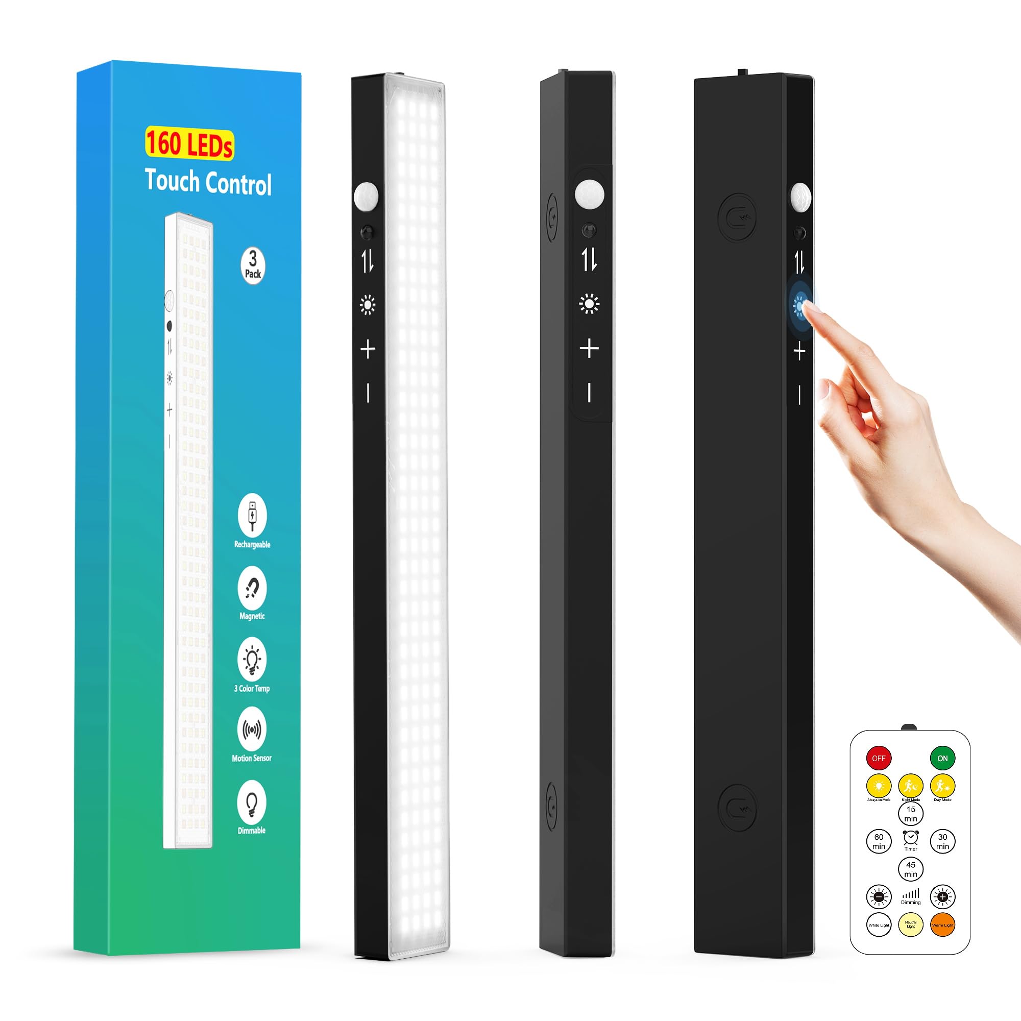 160Leds Touch-Control Under Cabinet Lighting W/4000Mah Battery  Cordless Motion Sensor Under Counter Lights For Kitchen  Magnetic Rechargeable Closet Lights - 3Pack/Black  2025 Fall